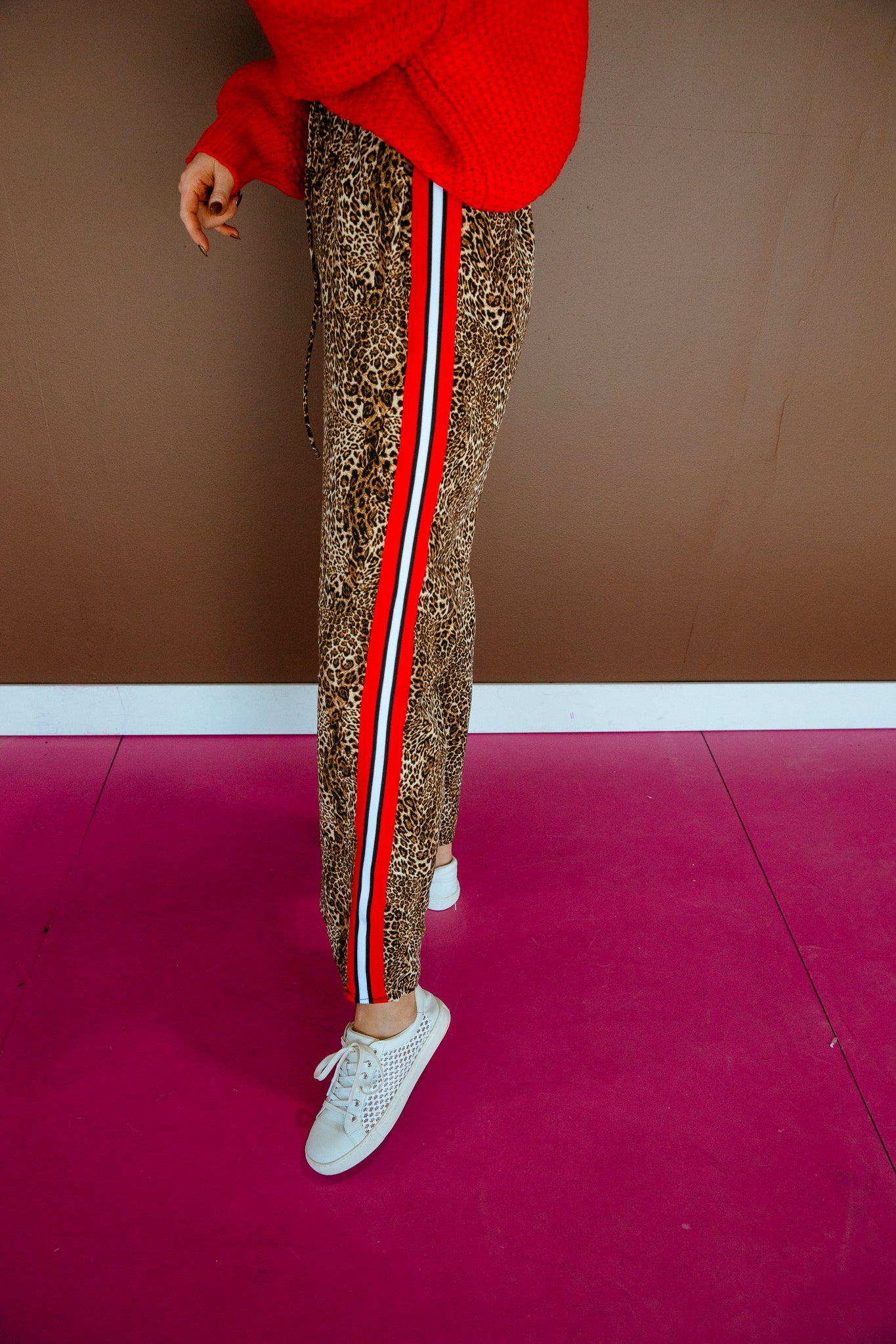 Mariah Flowy Leopard Pants - Tan + Brown + True Red