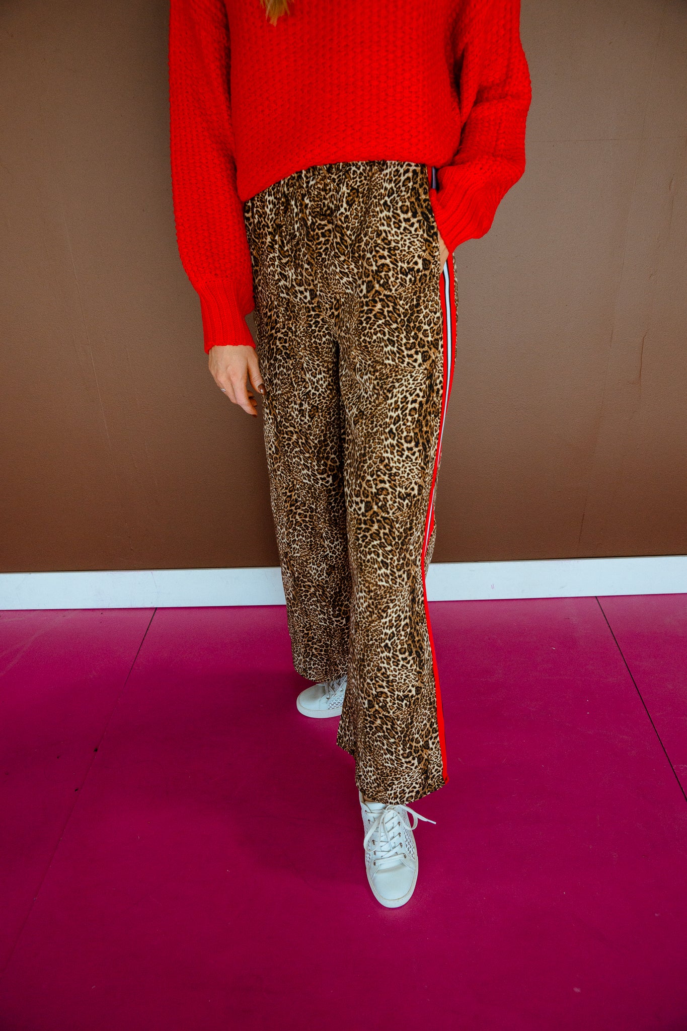 Mariah Flowy Leopard Pants - Tan + Brown + True Red