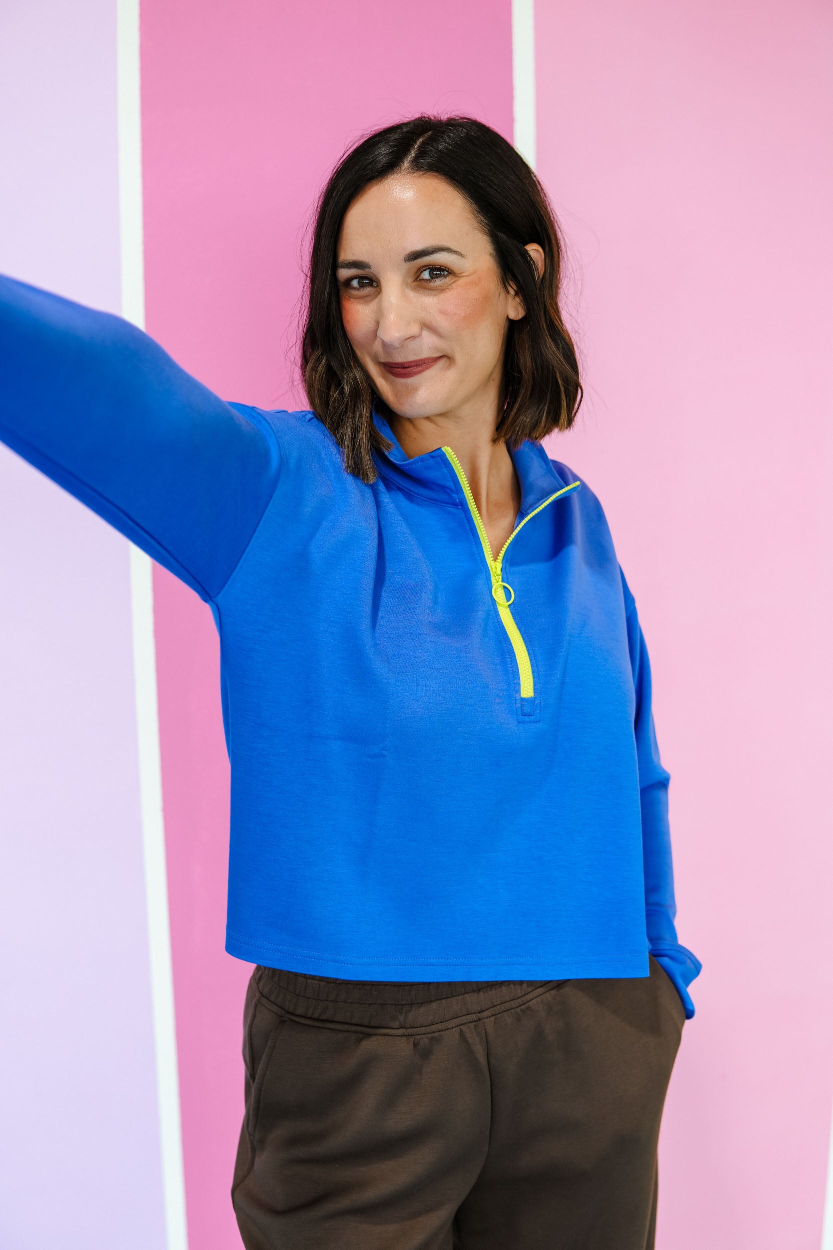 [Ellevate Basic] Amelia Quart Zip Pullover - Heliotrope + Lime