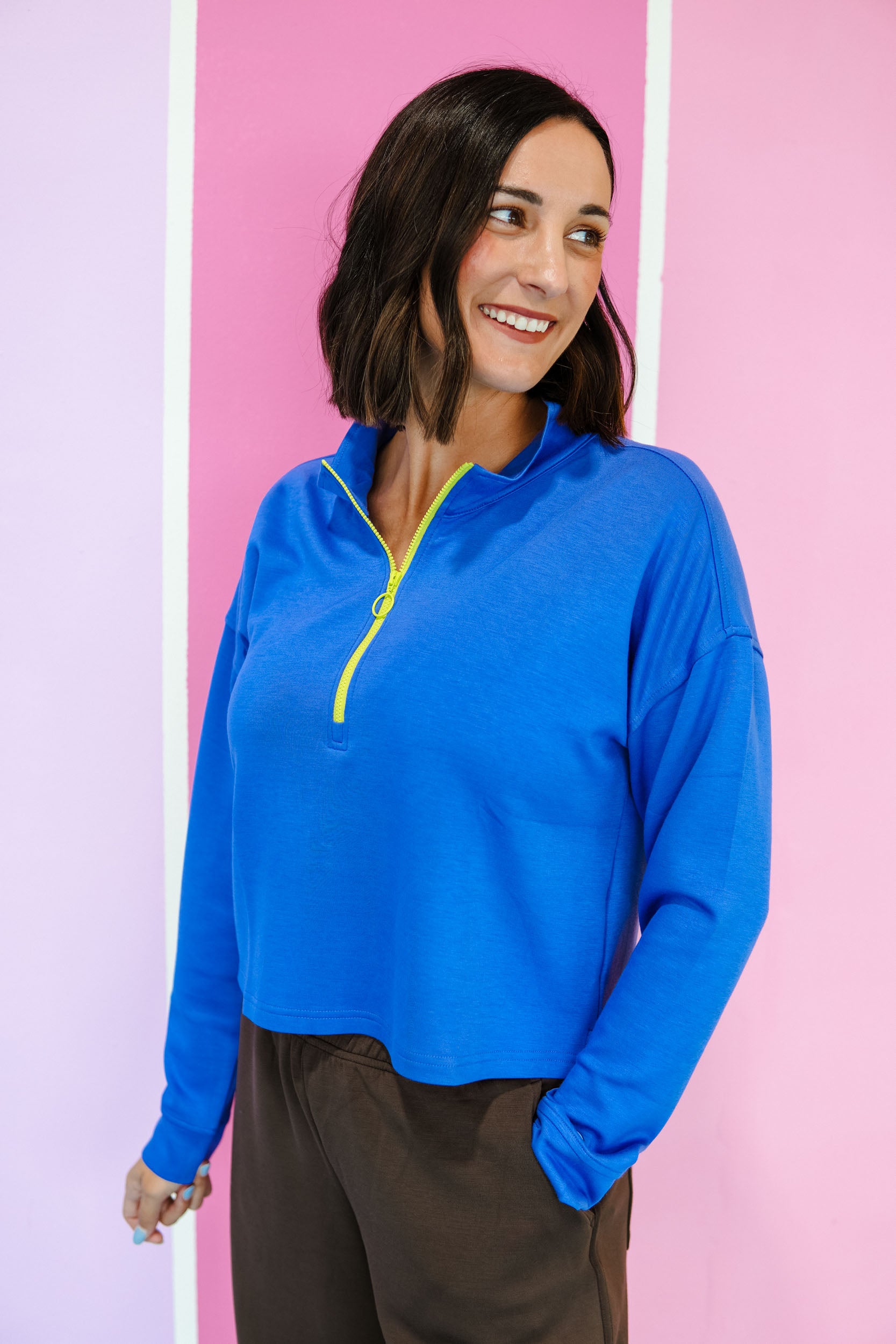 [Ellevate Basic] Amelia Quart Zip Pullover - Heliotrope + Lime