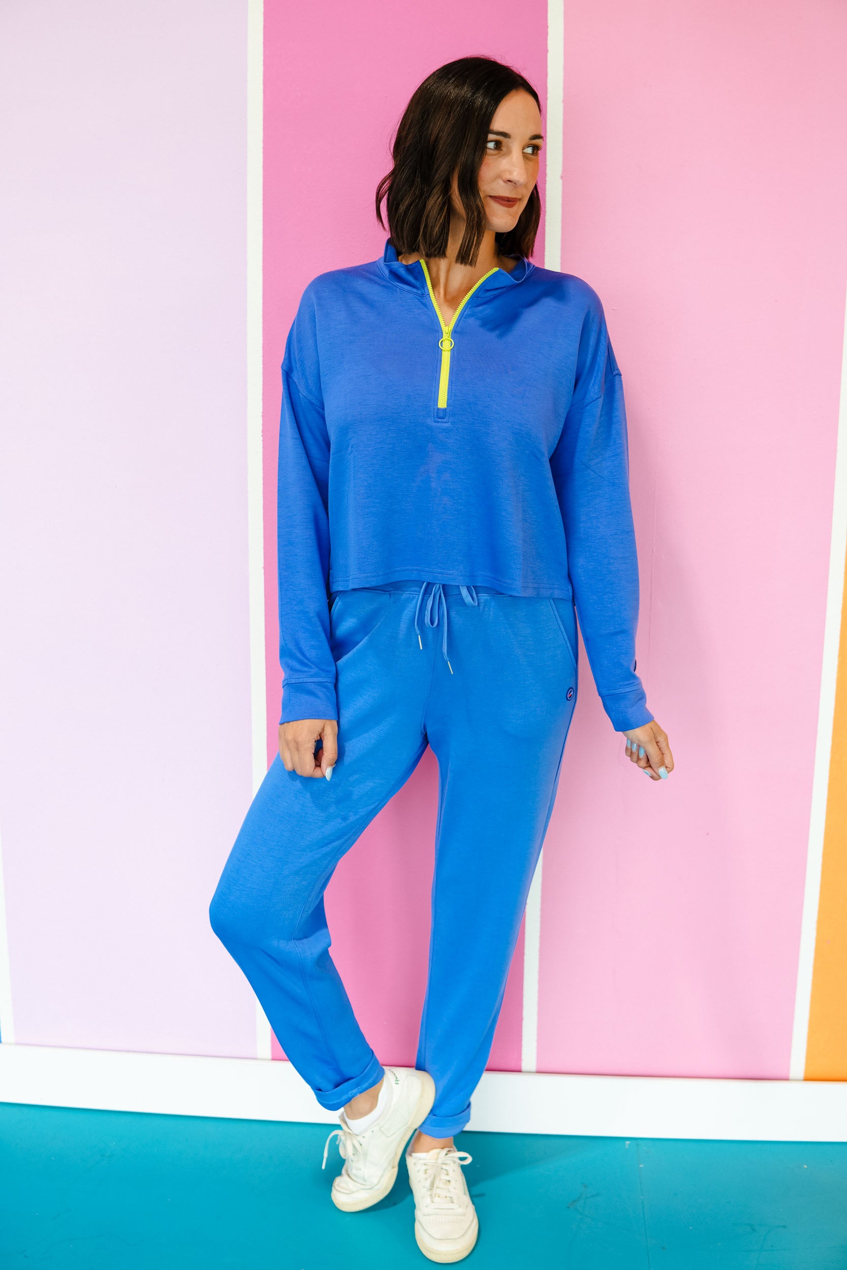 [Ellevate Basic] Amelia Quart Zip Pullover - Heliotrope + Lime