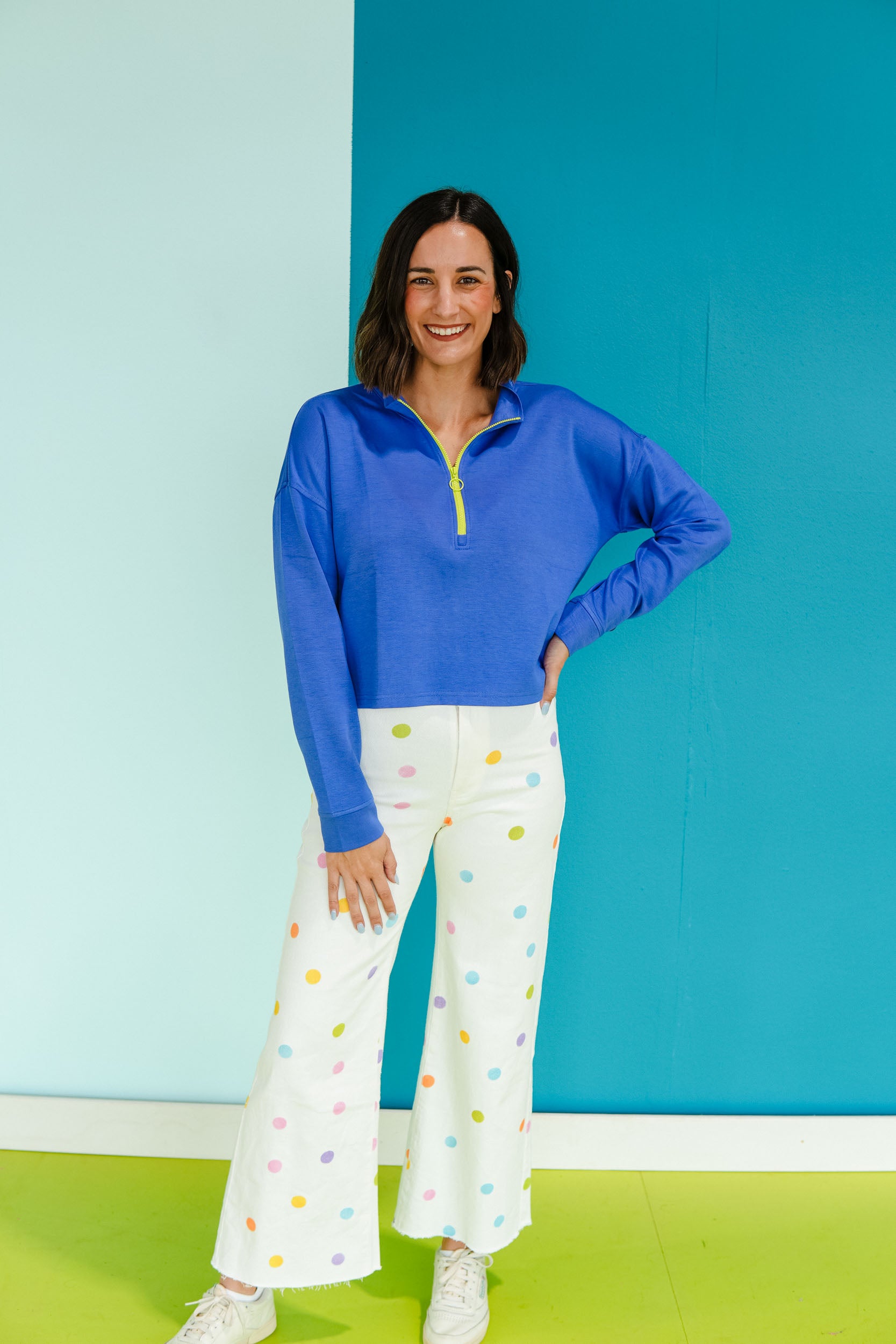 [Ellevate Basic] Amelia Quart Zip Pullover - Heliotrope + Lime