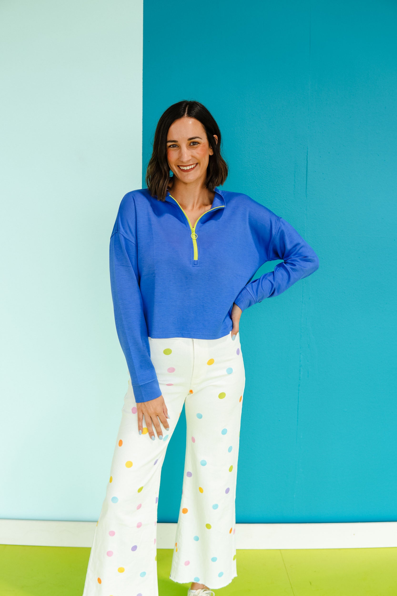 [Ellevate Basic] Amelia Quart Zip Pullover - Heliotrope + Lime
