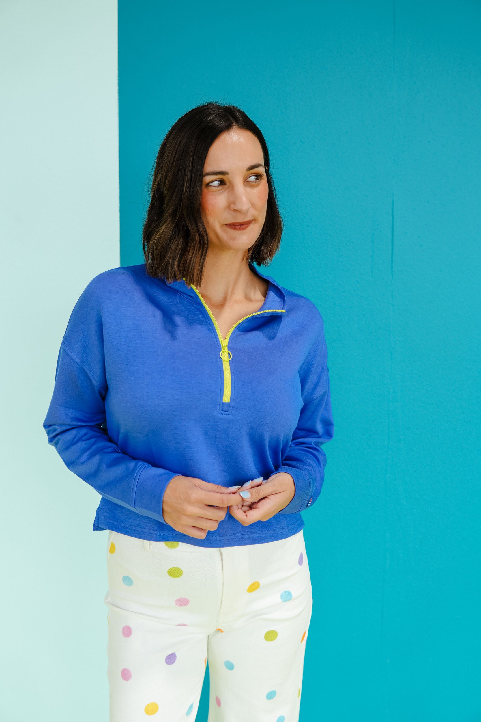 [Ellevate Basic] Amelia Quart Zip Pullover - Heliotrope + Lime