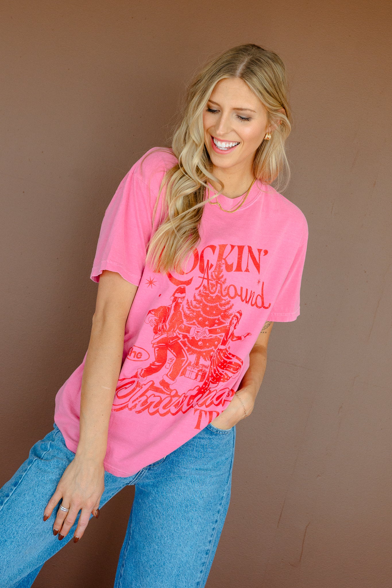 Rockin' Around the Christmas Tree Graphic Tee - Shocking Pink + Geranium