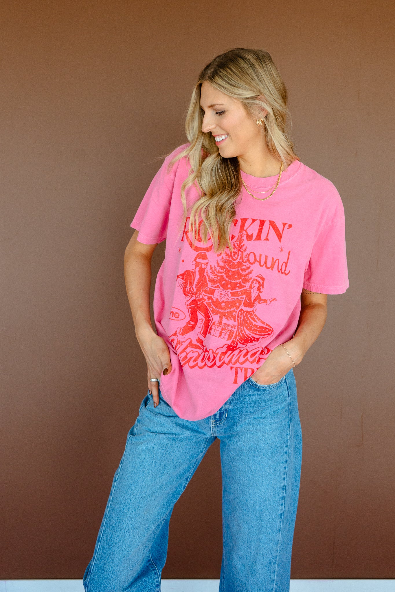 Rockin' Around the Christmas Tree Graphic Tee - Shocking Pink + Geranium