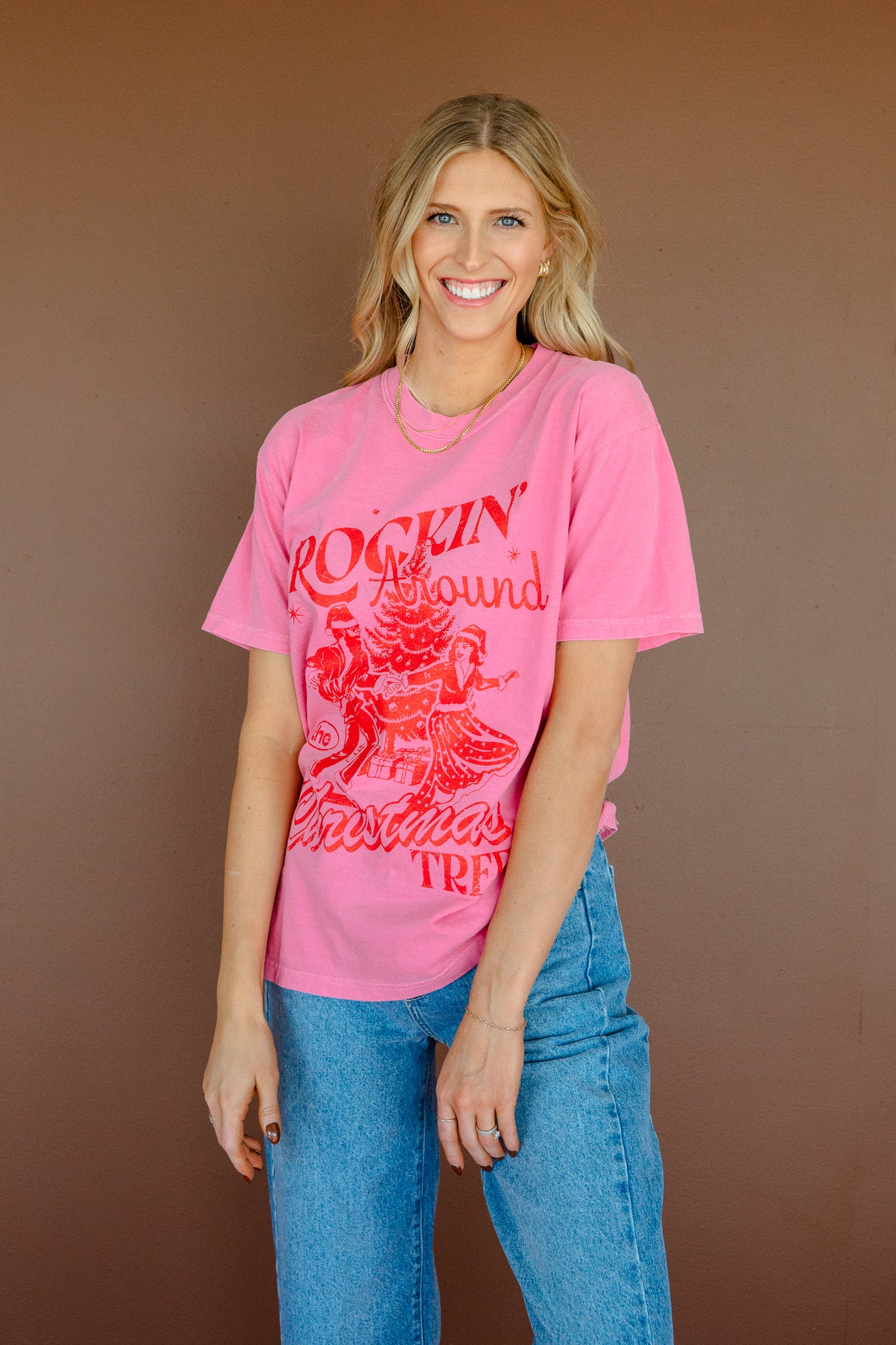 Rockin' Around the Christmas Tree Graphic Tee - Shocking Pink + Geranium