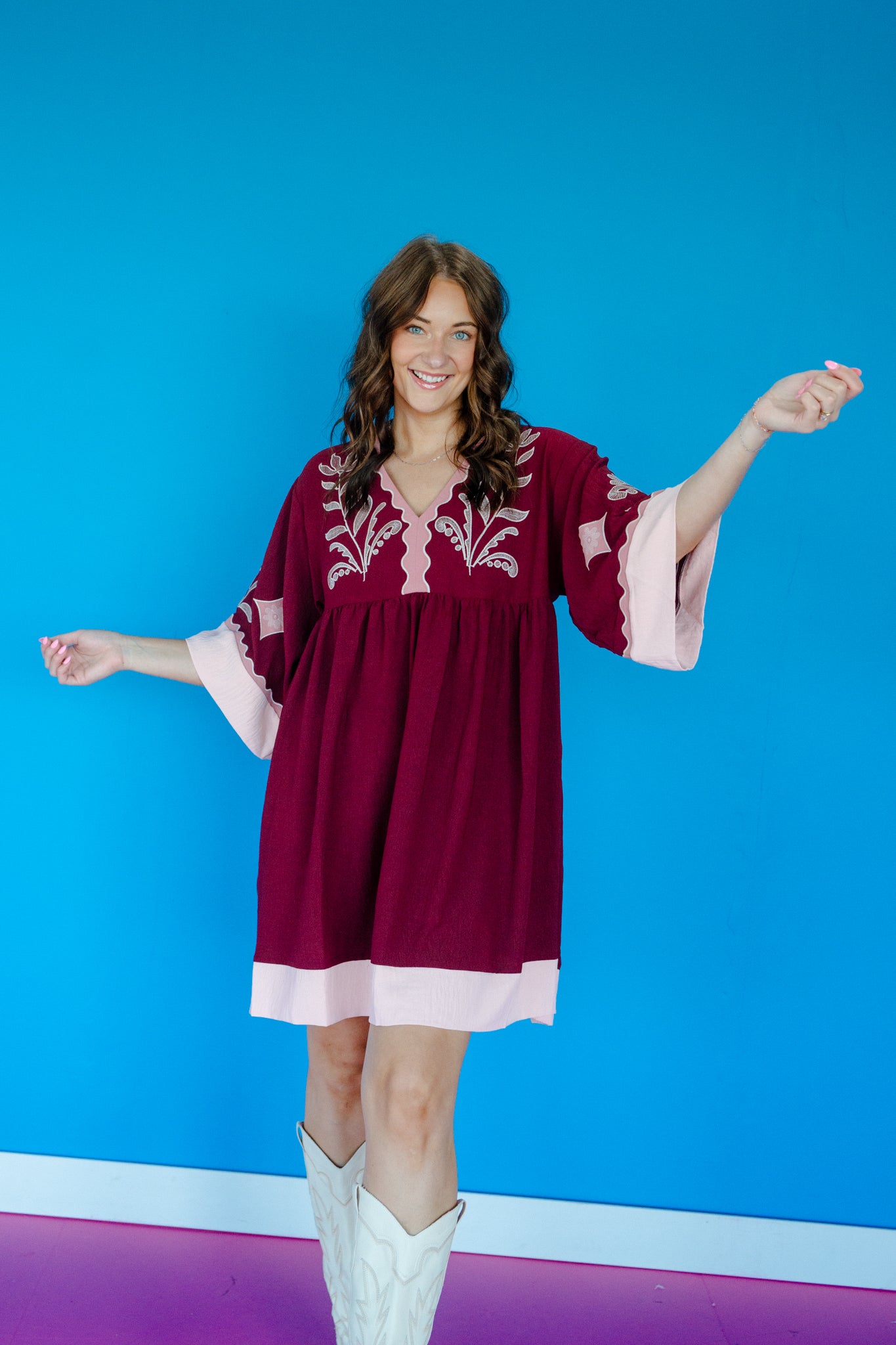 Cory V-Neck Babydoll Dress - Burgundy