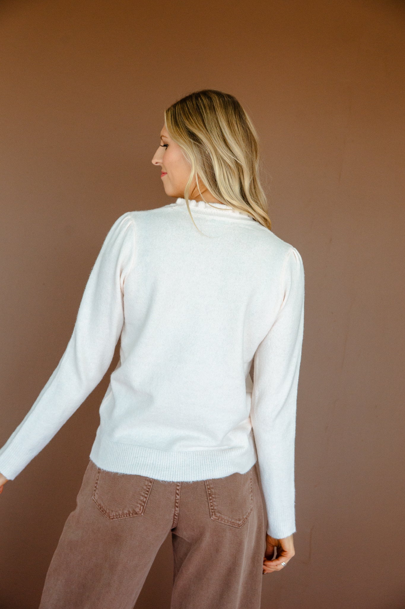 Kendra Ruffle Neck Henley Sweater