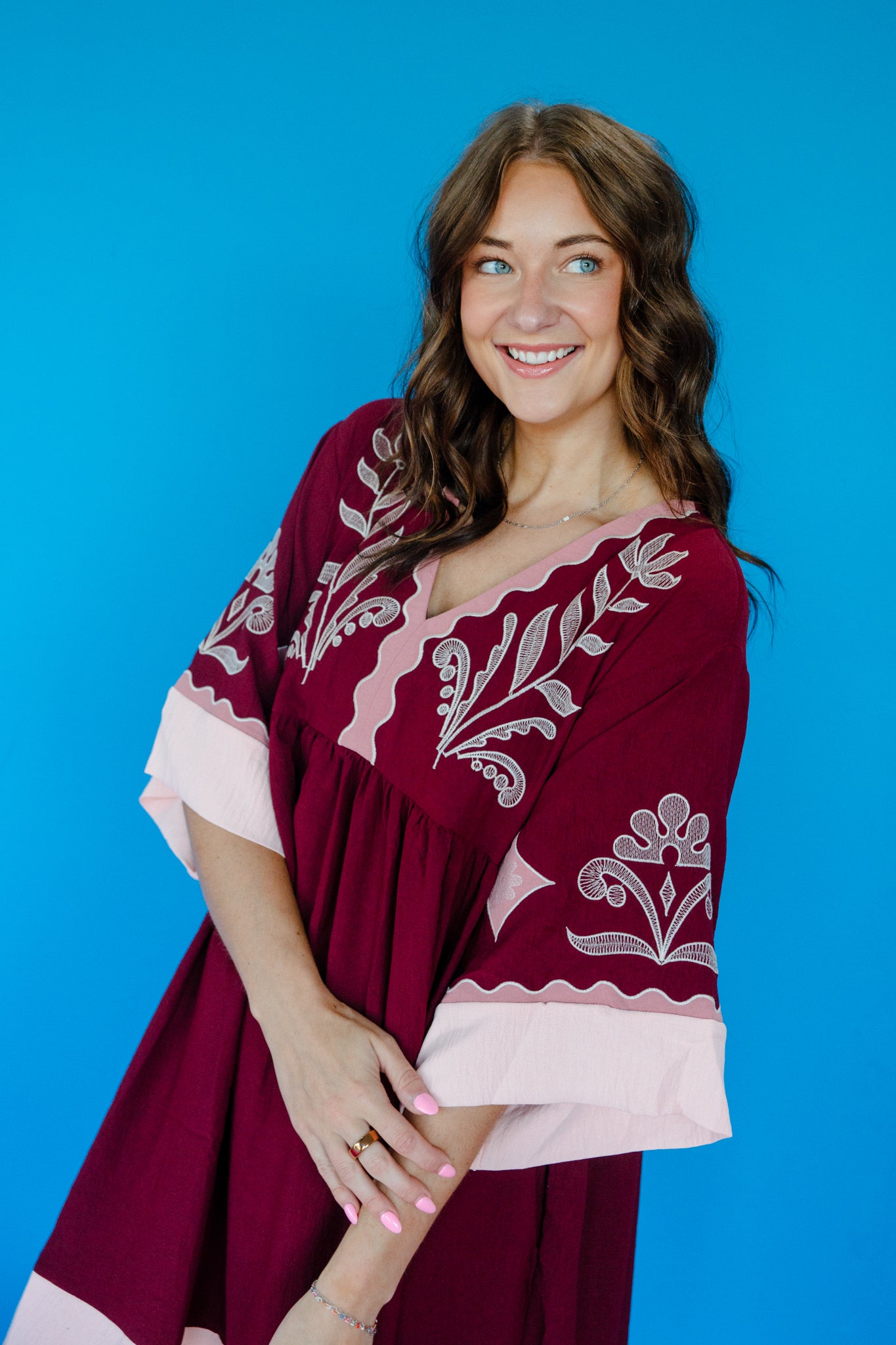 Cory V-Neck Babydoll Dress - Burgundy