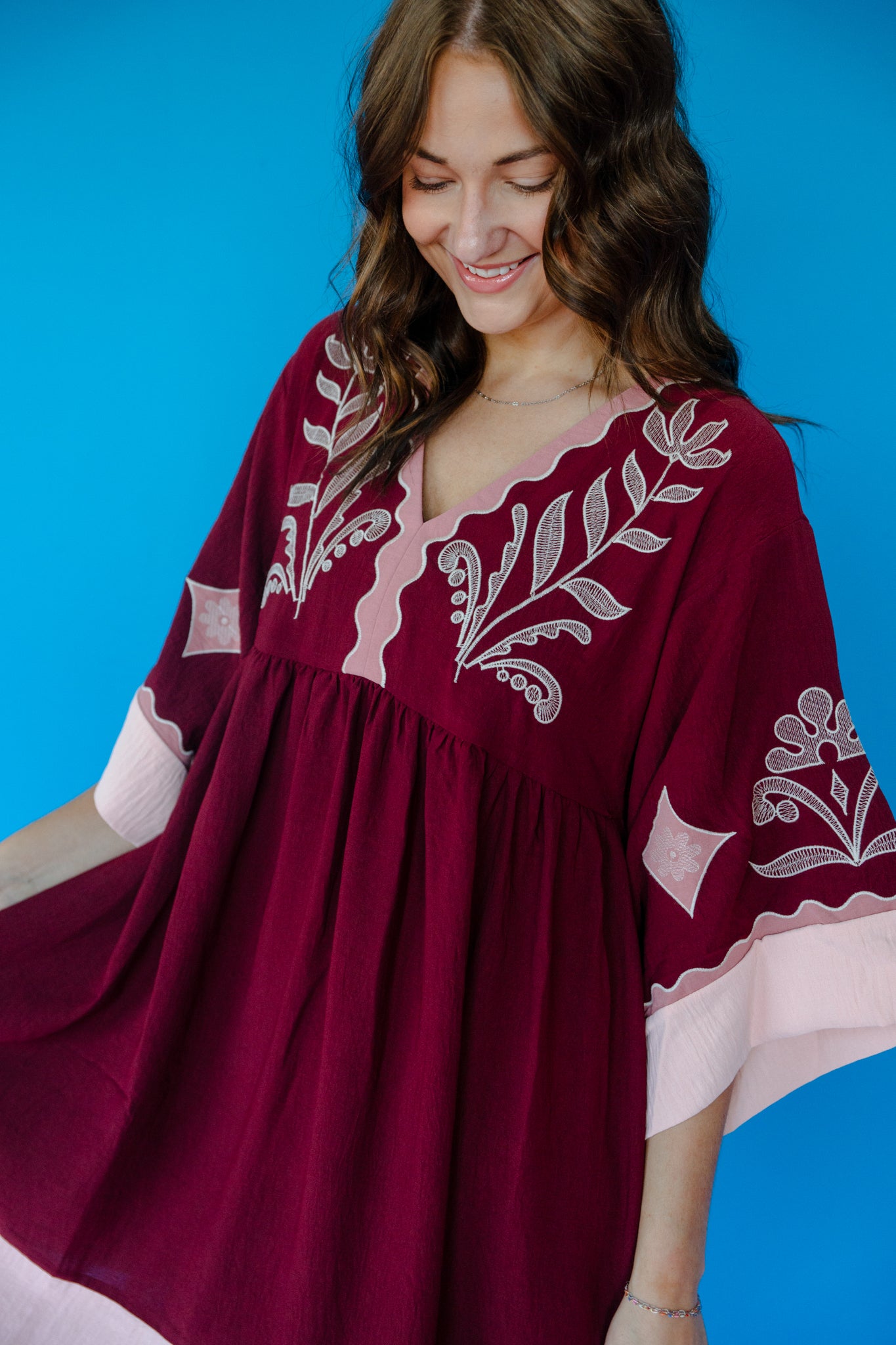 Cory V-Neck Babydoll Dress - Burgundy