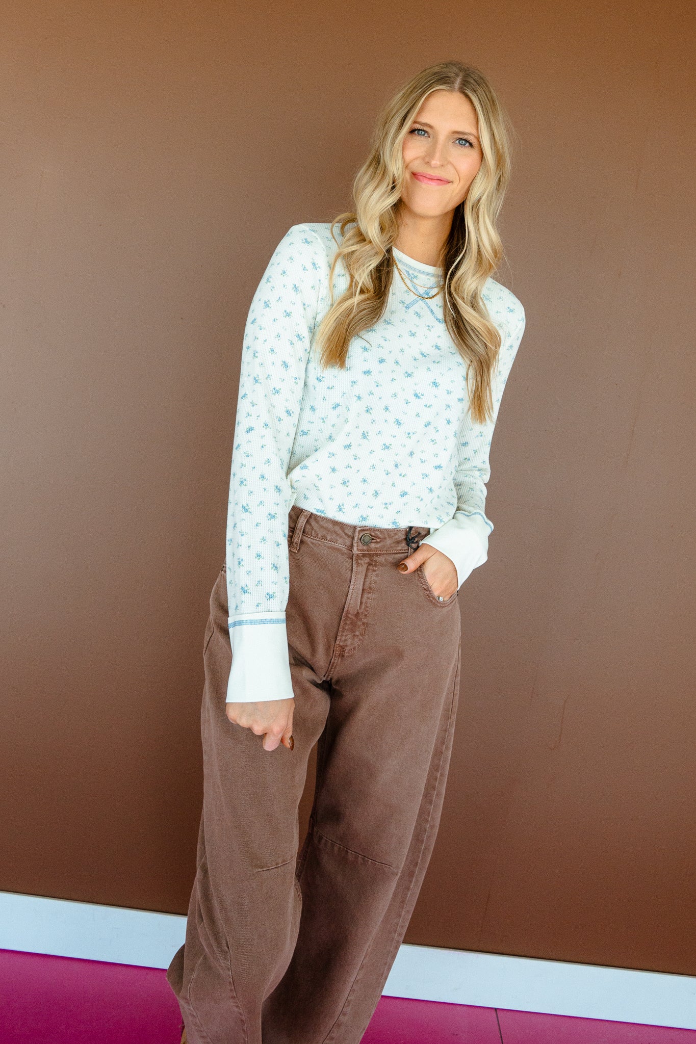 Erin Waffle Knit Top - Ivory + Sky Blue
