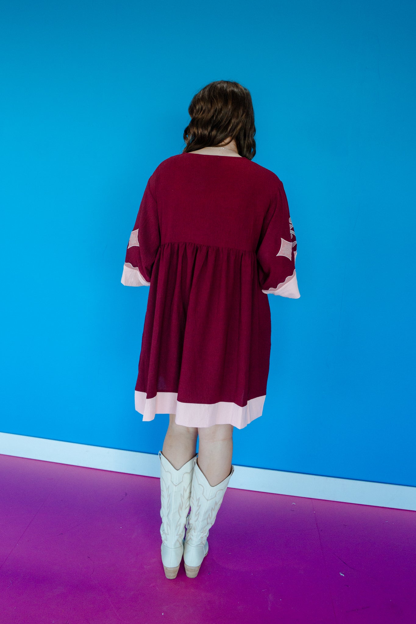 Cory V-Neck Babydoll Dress - Burgundy