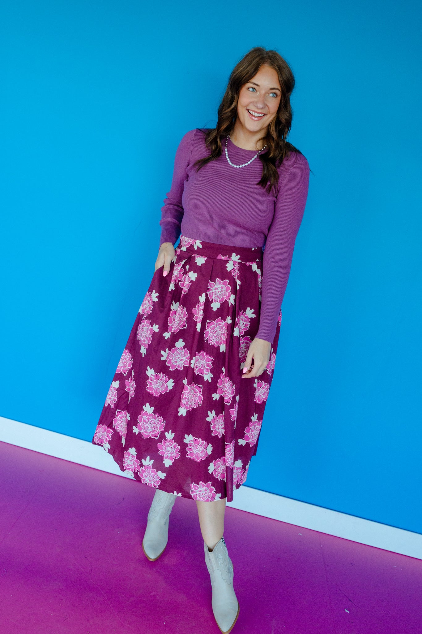Chelsey Floral Midi Skirt - Berry + Raspberry