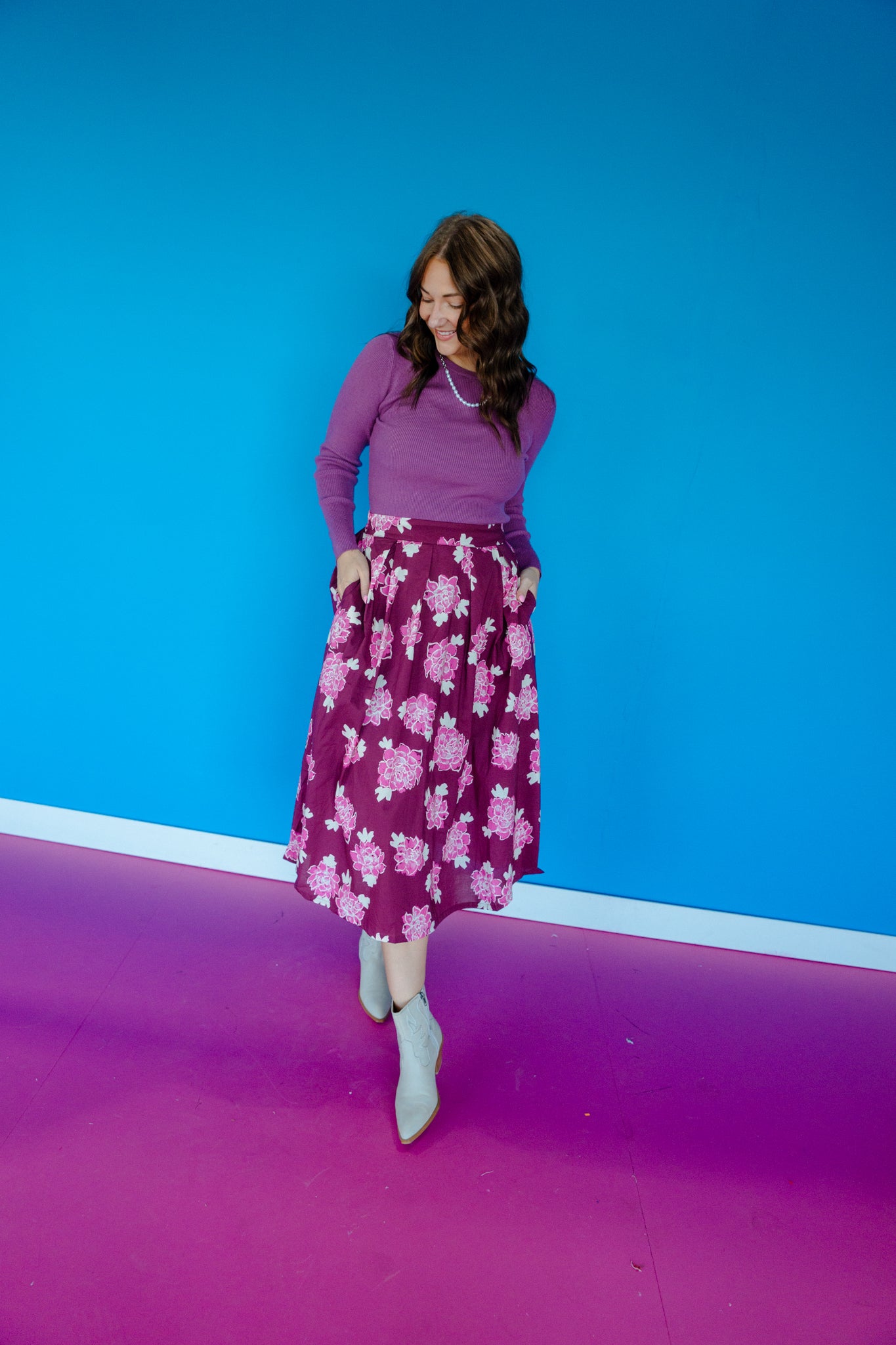 Chelsey Floral Midi Skirt - Berry + Raspberry
