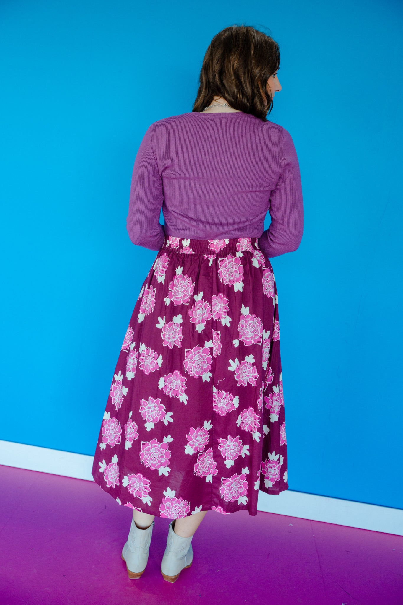 Chelsey Floral Midi Skirt - Berry + Raspberry