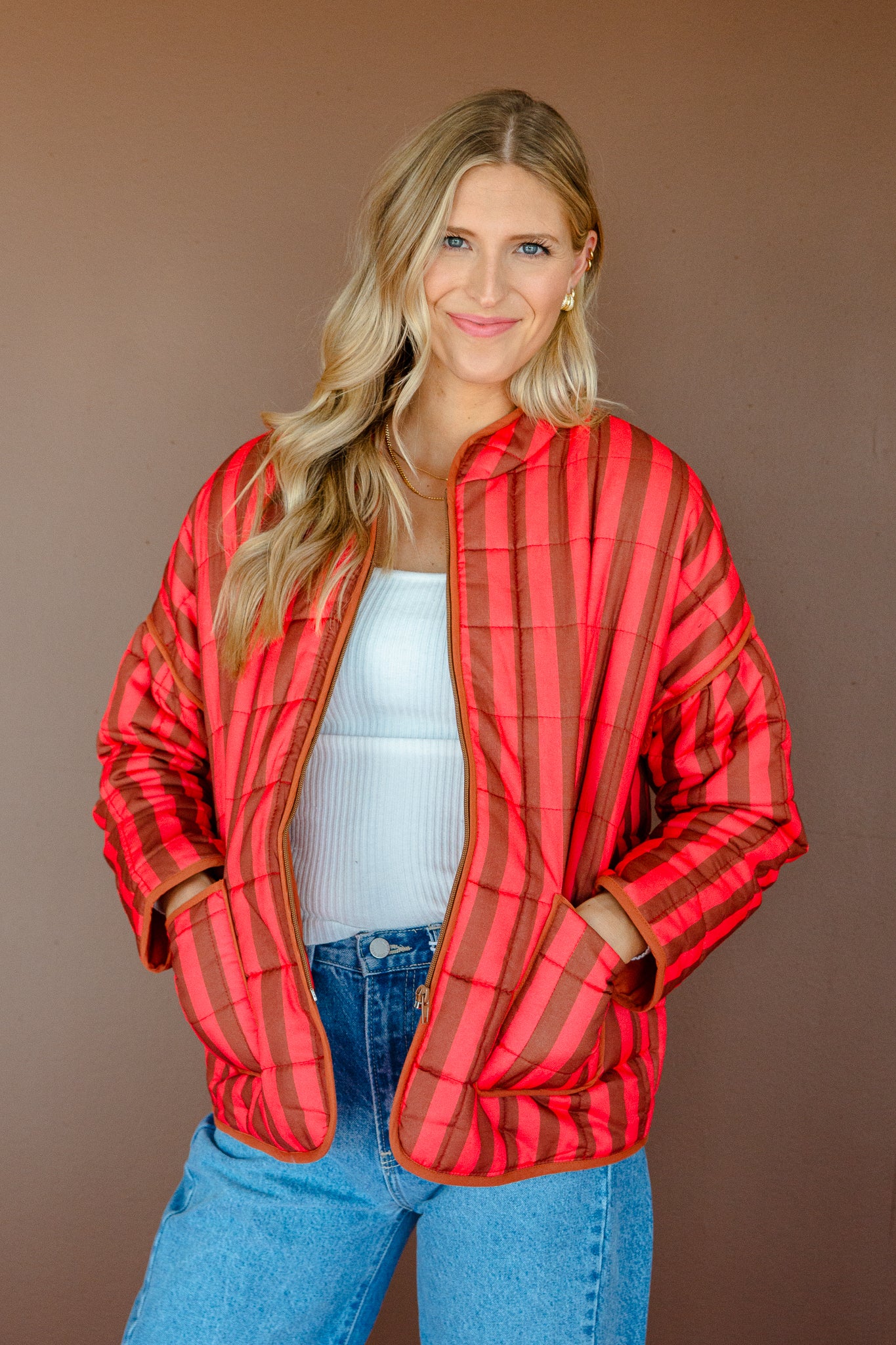 Ollie Striped Jacket - Coral Red + Tan