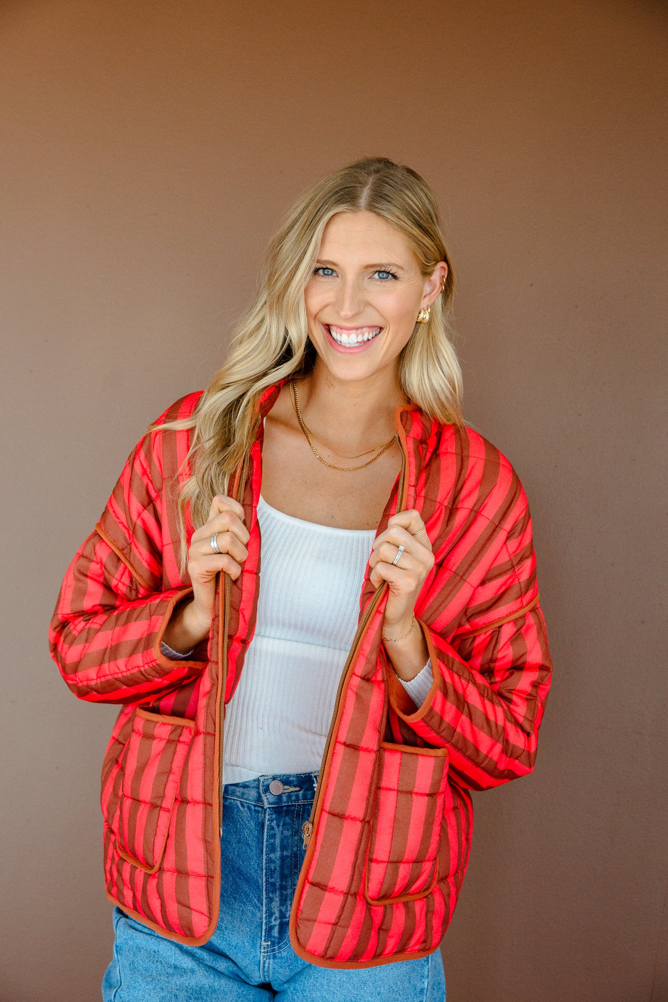Ollie Striped Jacket - Coral Red + Tan