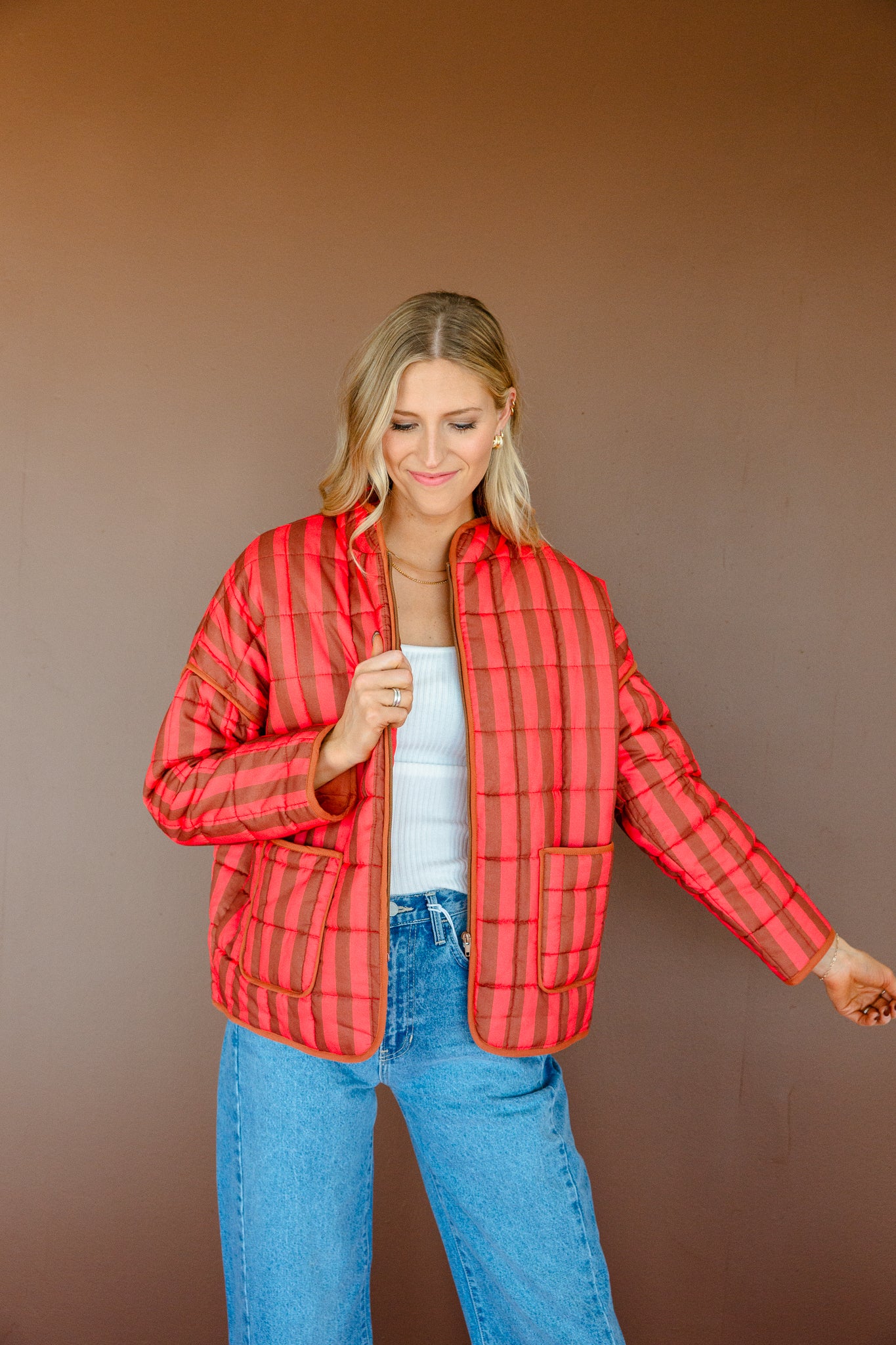 Ollie Striped Jacket - Coral Red + Tan
