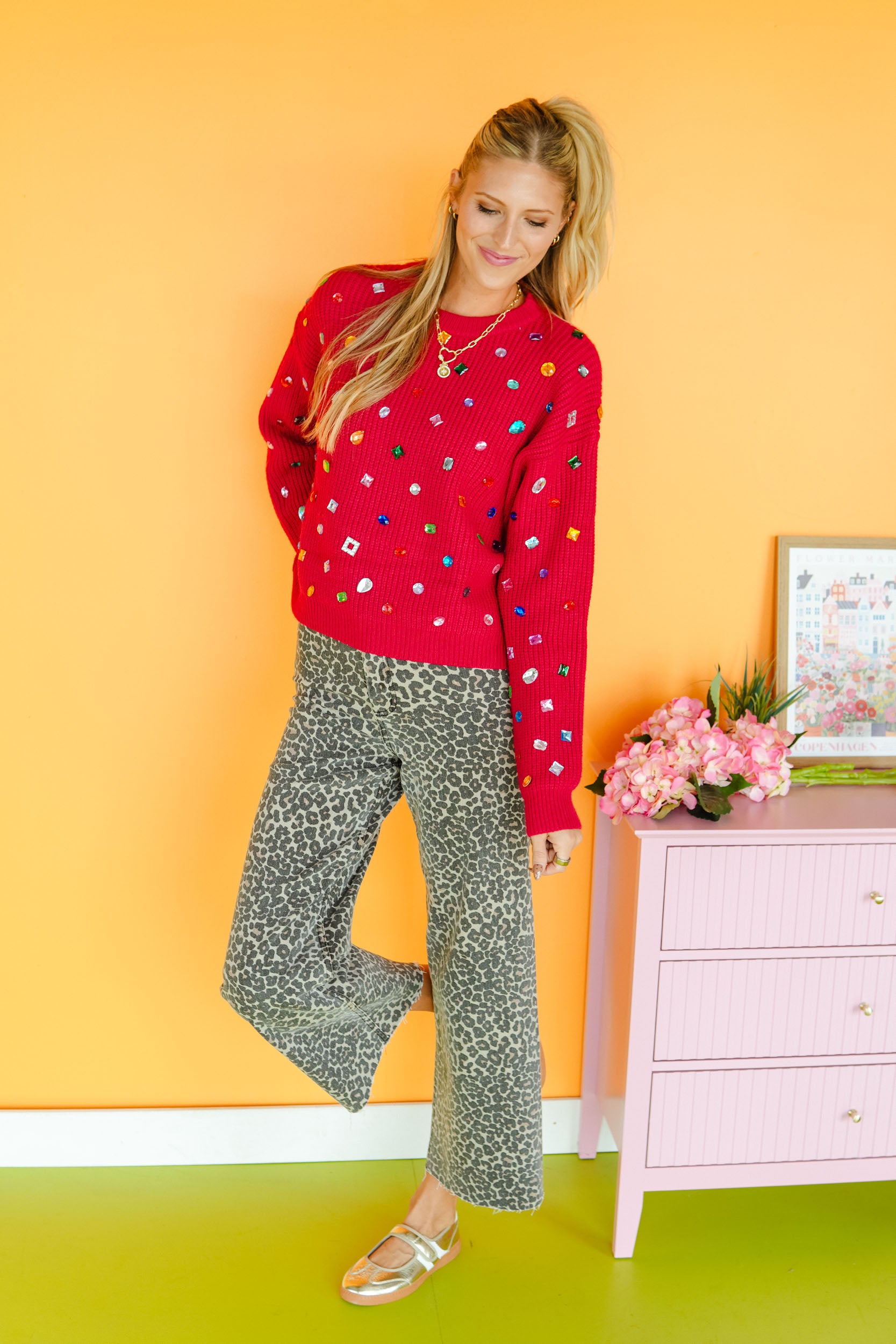 Dazzle Me Darling Crewneck Sweater - Cool Red