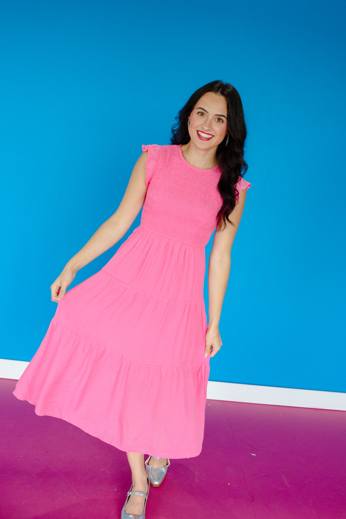 Melody Smocked Midi Dress - Cerise