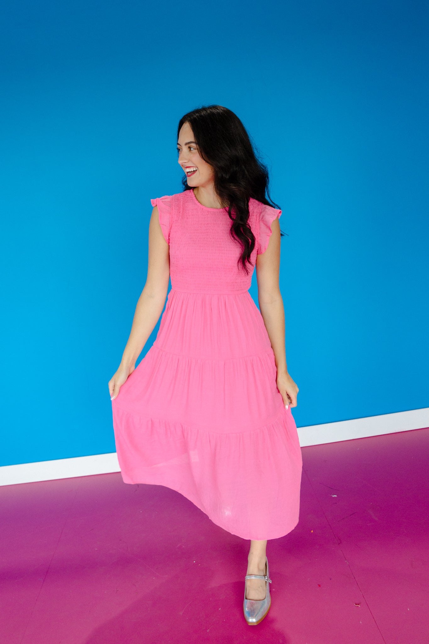 Melody Smocked Midi Dress - Cerise