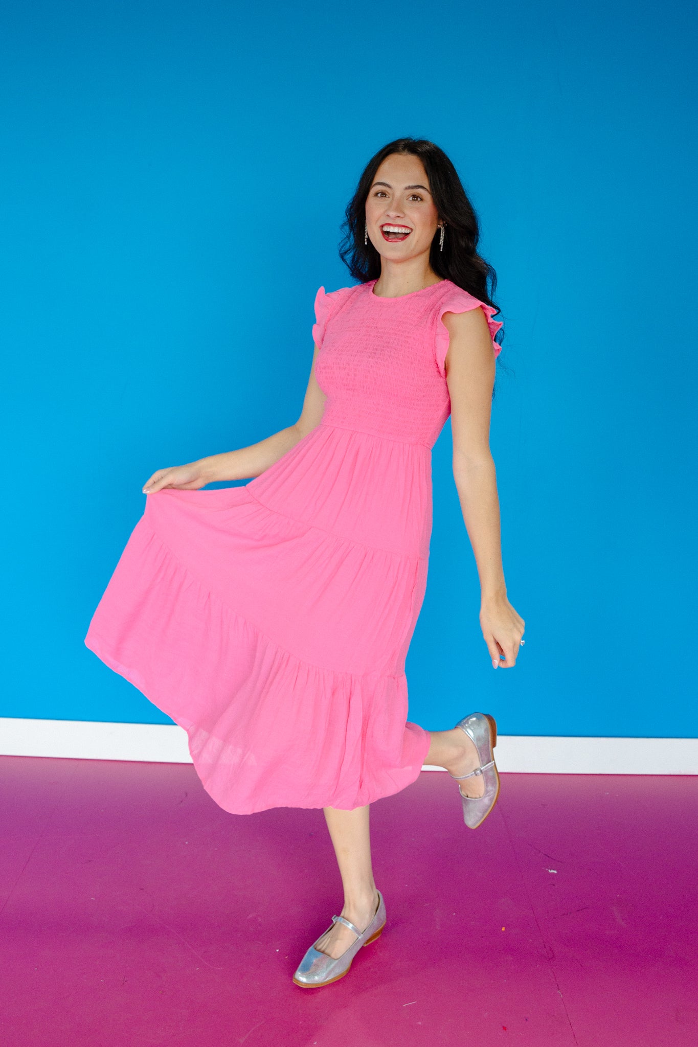 Melody Smocked Midi Dress - Cerise