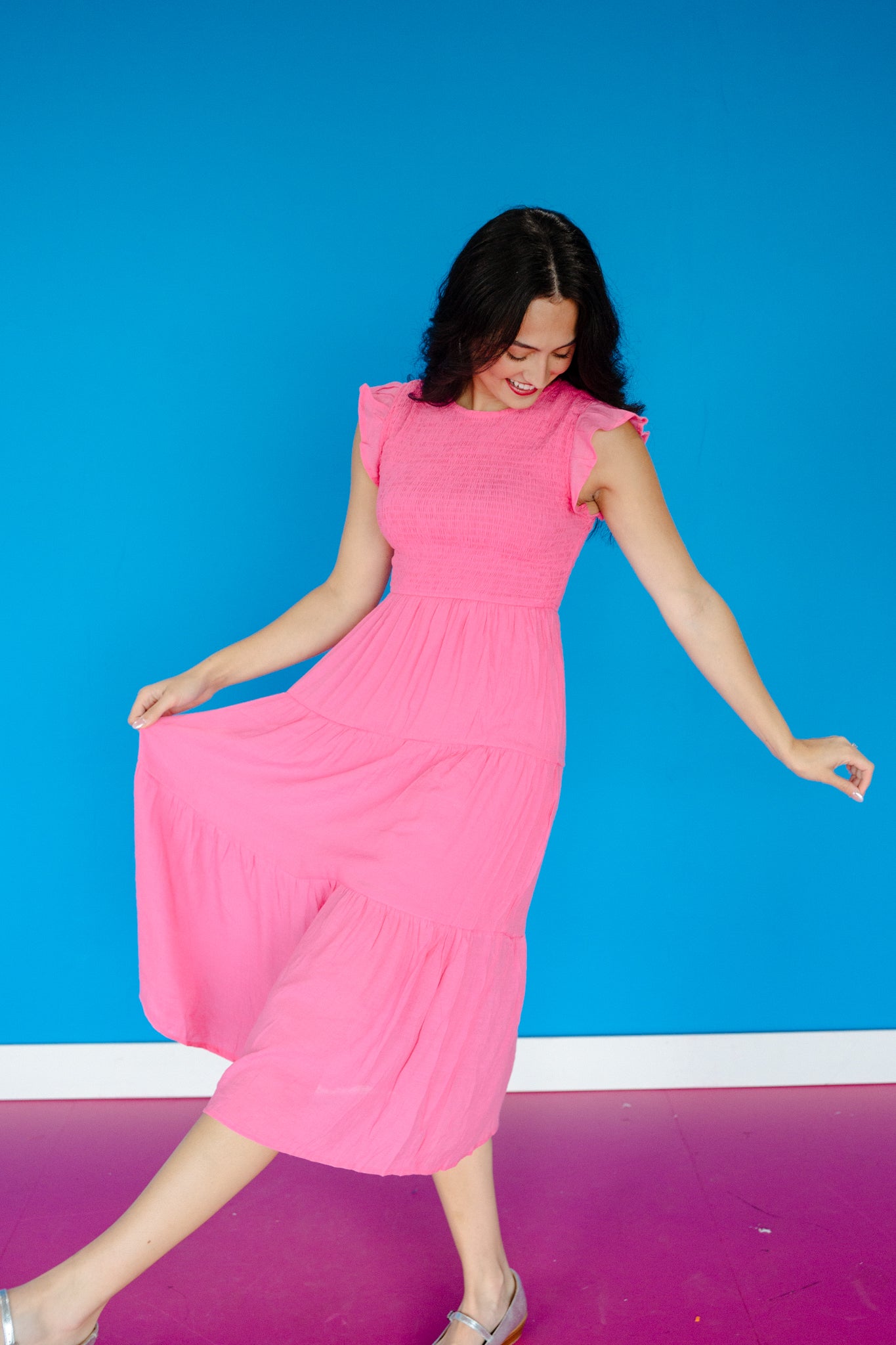 Melody Smocked Midi Dress - Cerise