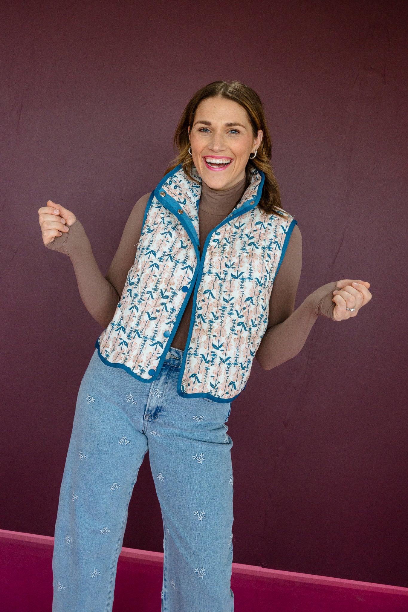 Kelli Floral Quilted Vest - Delph + Blush