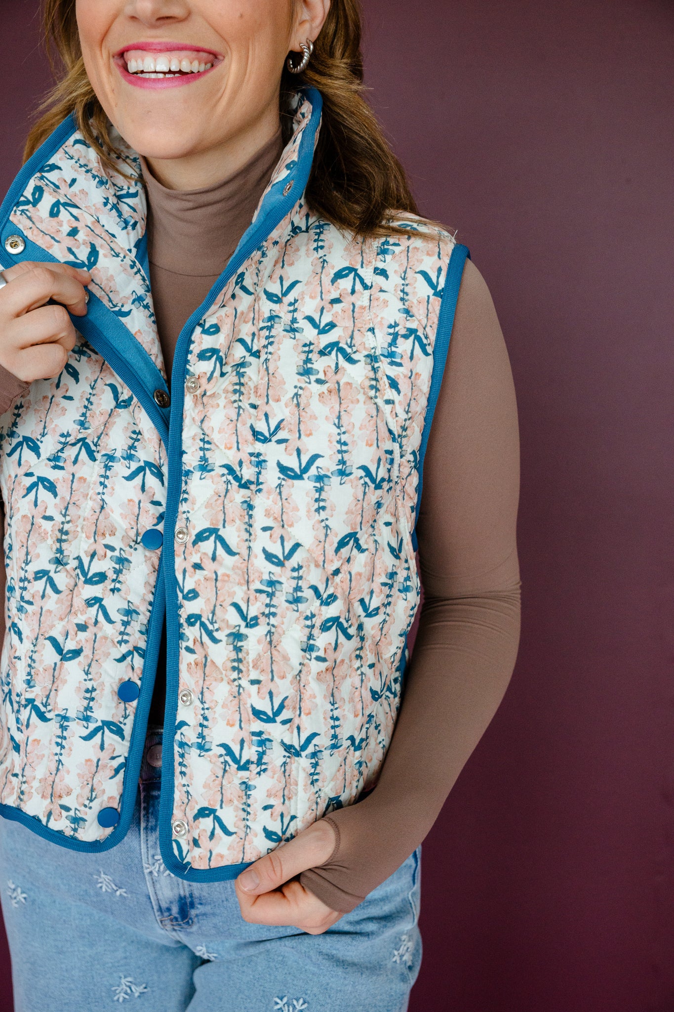 Kelli Floral Quilted Vest - Delph + Blush