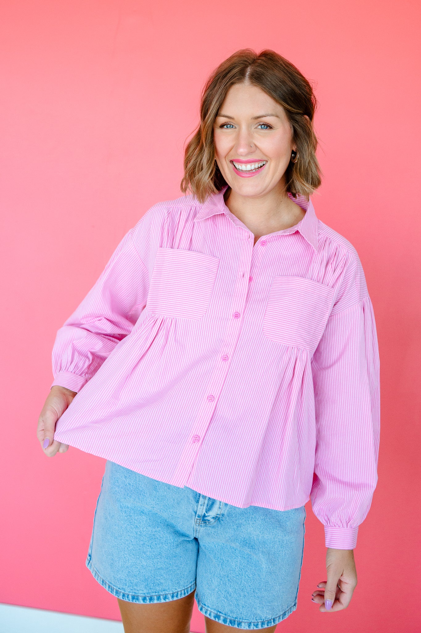 Gigi Striped Button Up Blouse - Shocking Pink