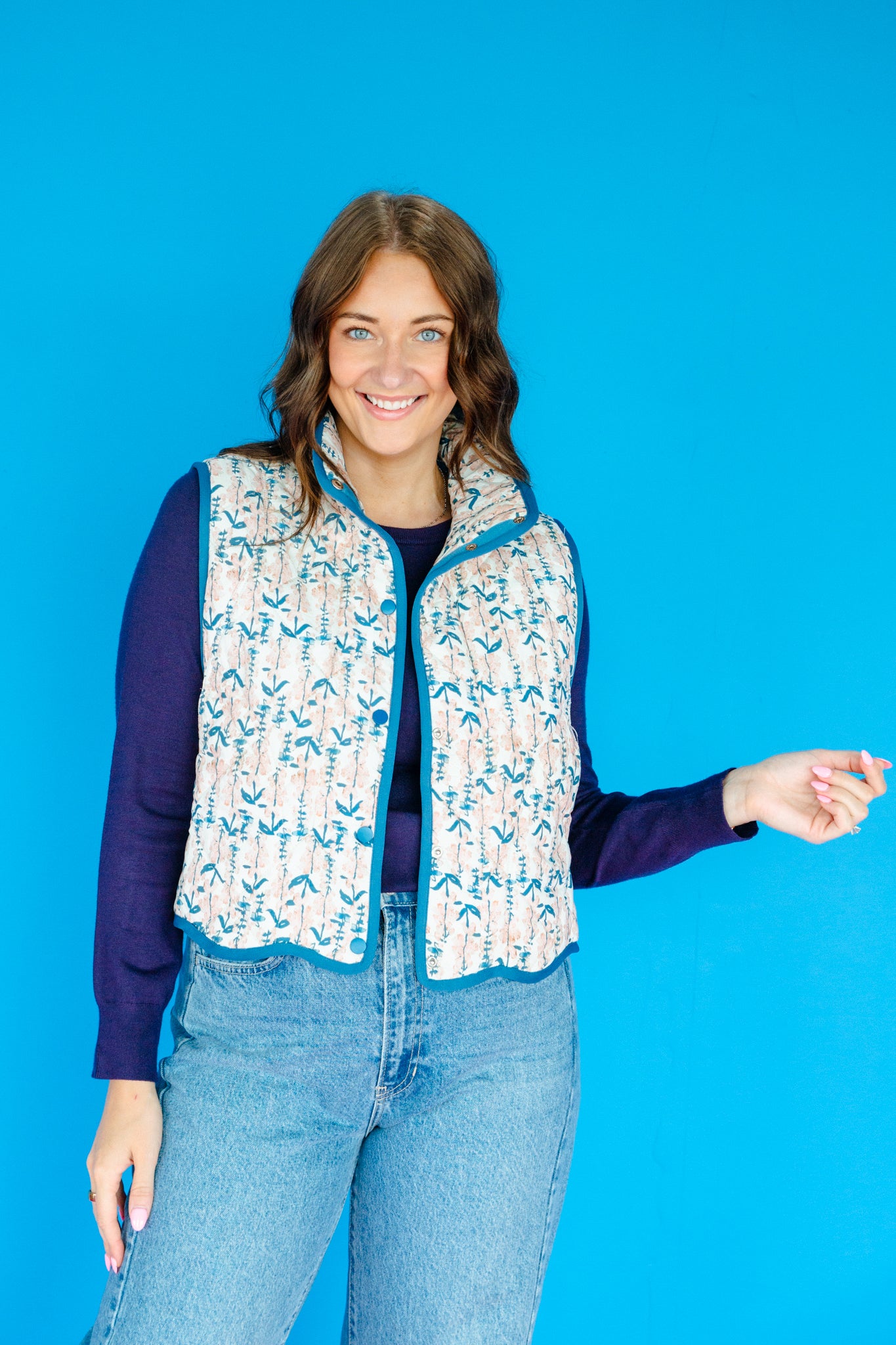 Kelli Floral Quilted Vest - Delph + Blush
