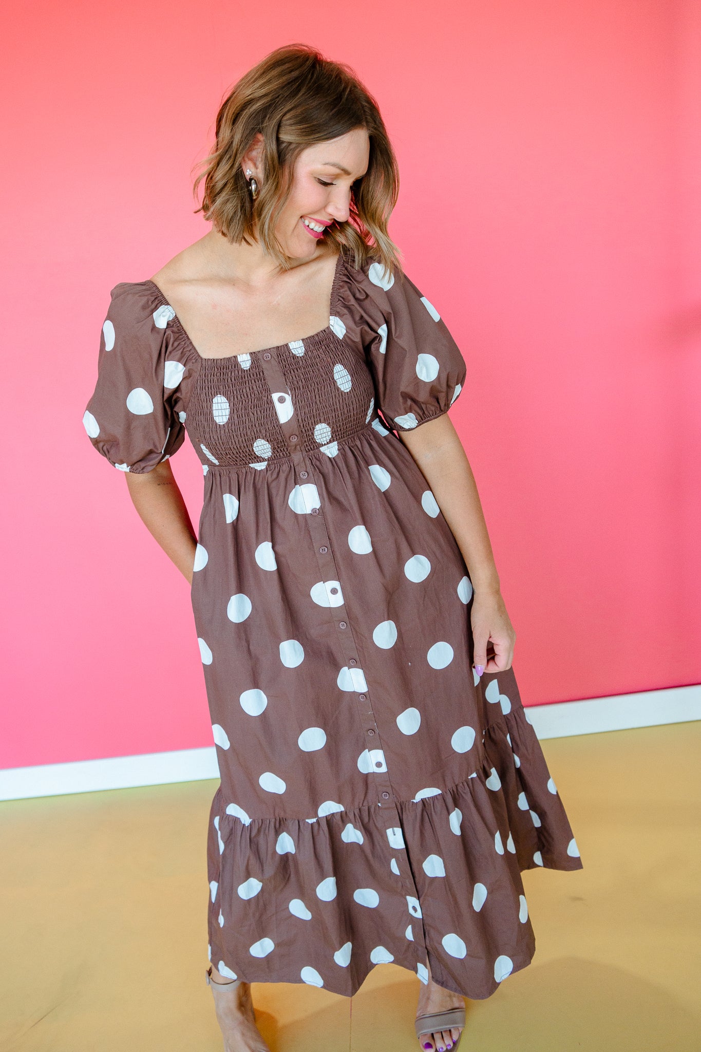 brown and pink polka dot dress Rowan Polka Dot Maxi Dress - Coffee/Cool Brown Coffee/Cool Brown