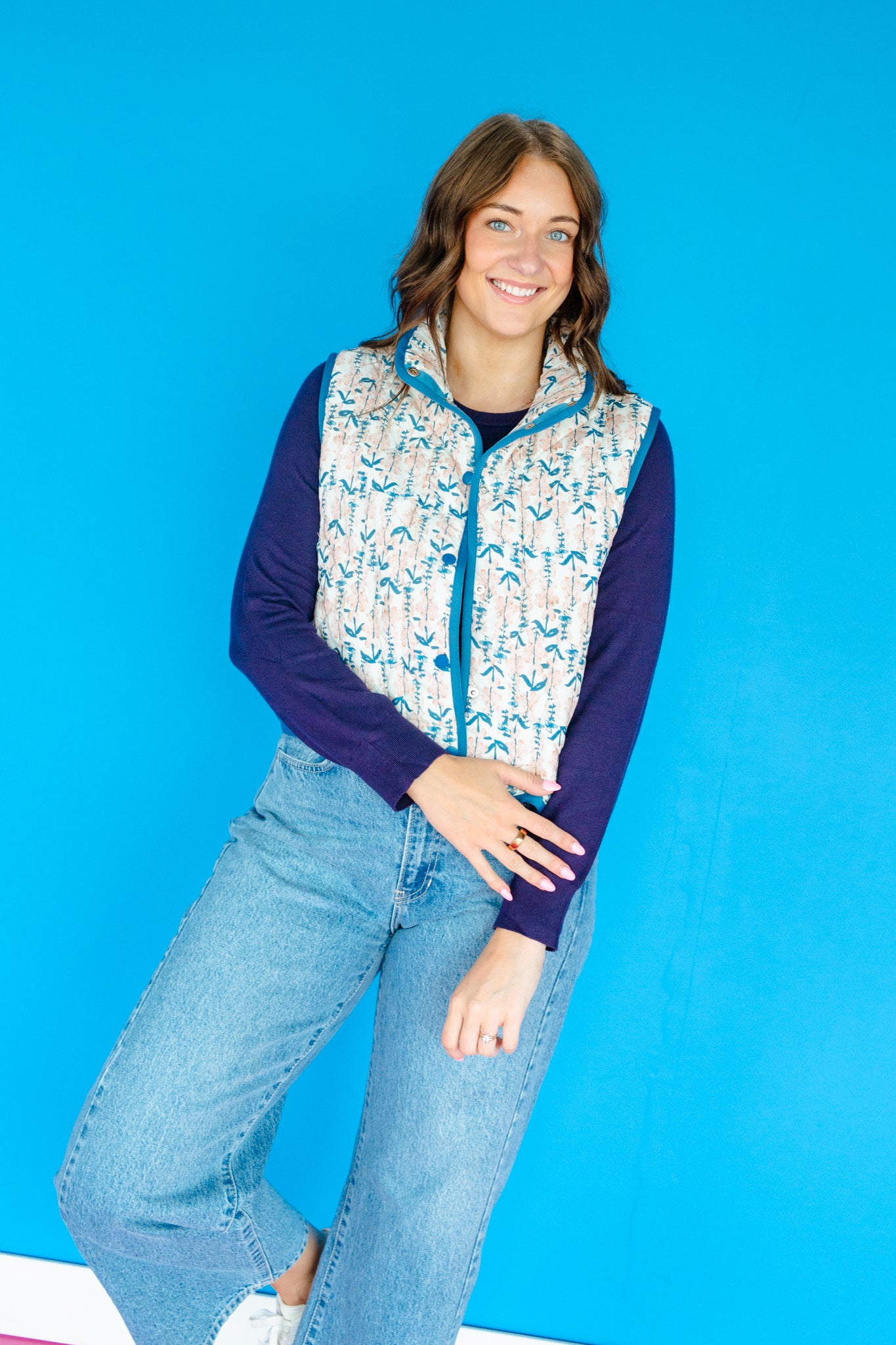 Kelli Floral Quilted Vest - Delph + Blush