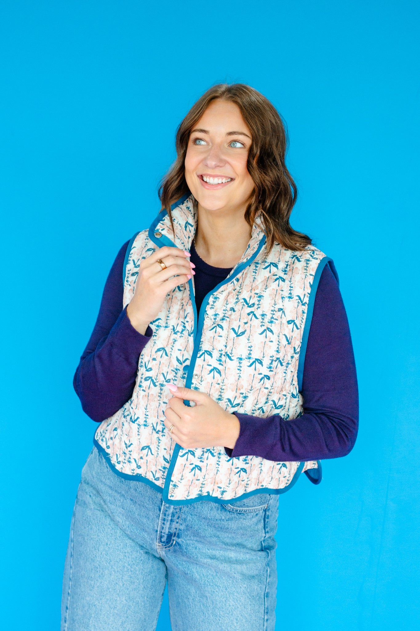 Kelli Floral Quilted Vest - Delph + Blush