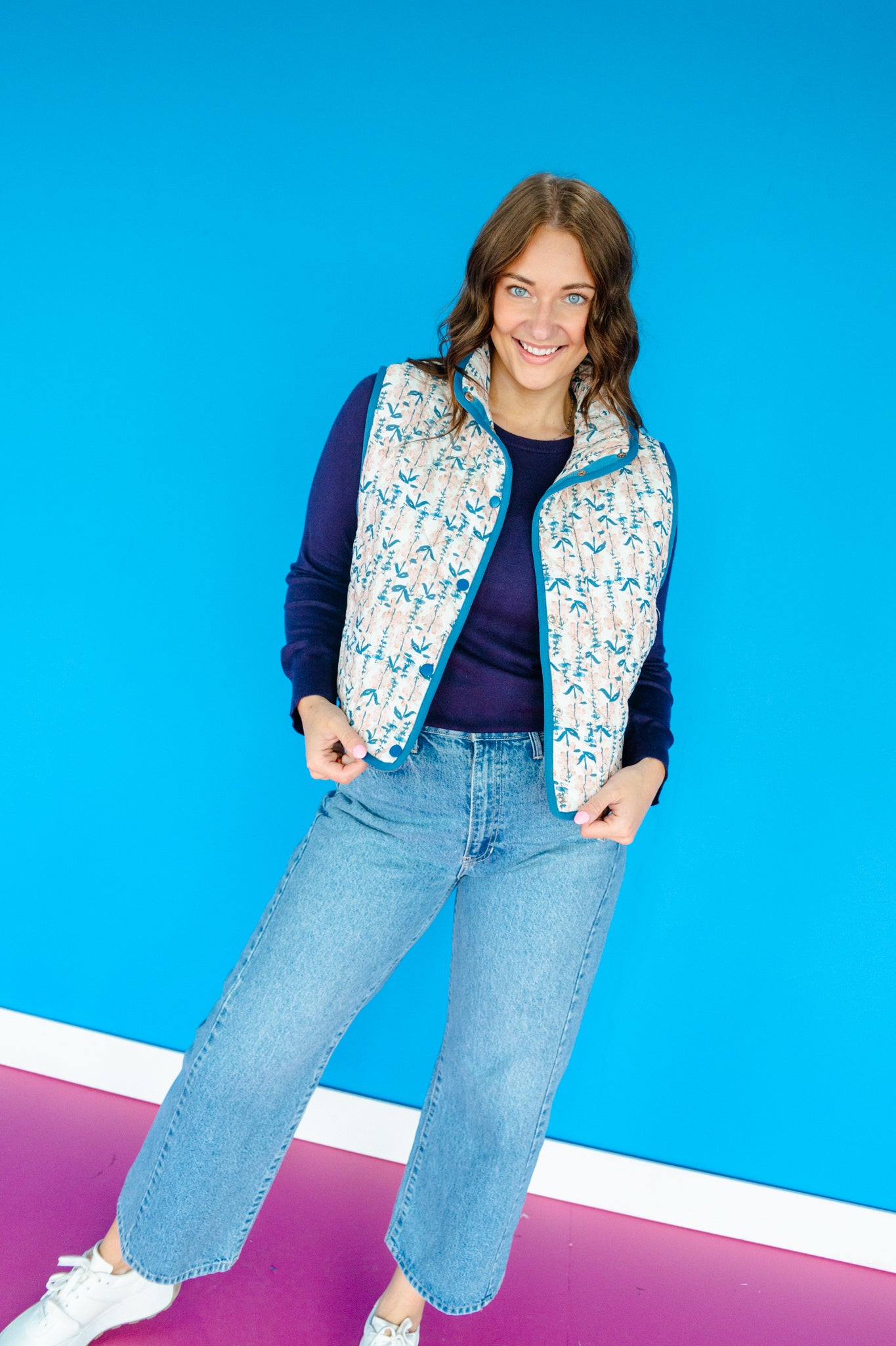 Kelli Floral Quilted Vest - Delph + Blush