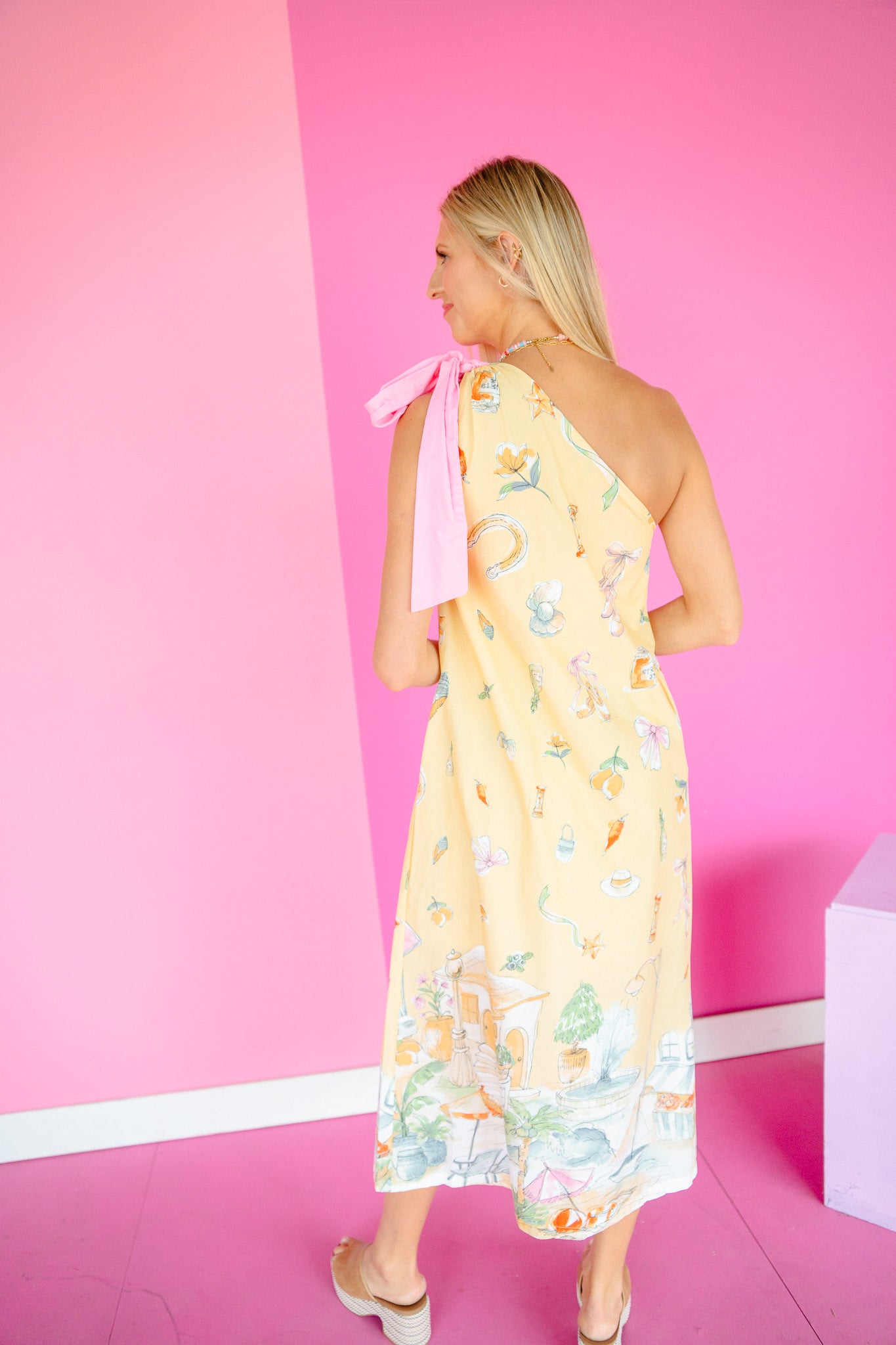 Amber One-Shoulder Maxi Dress - Light Yellow Ochre + Geranium Pink