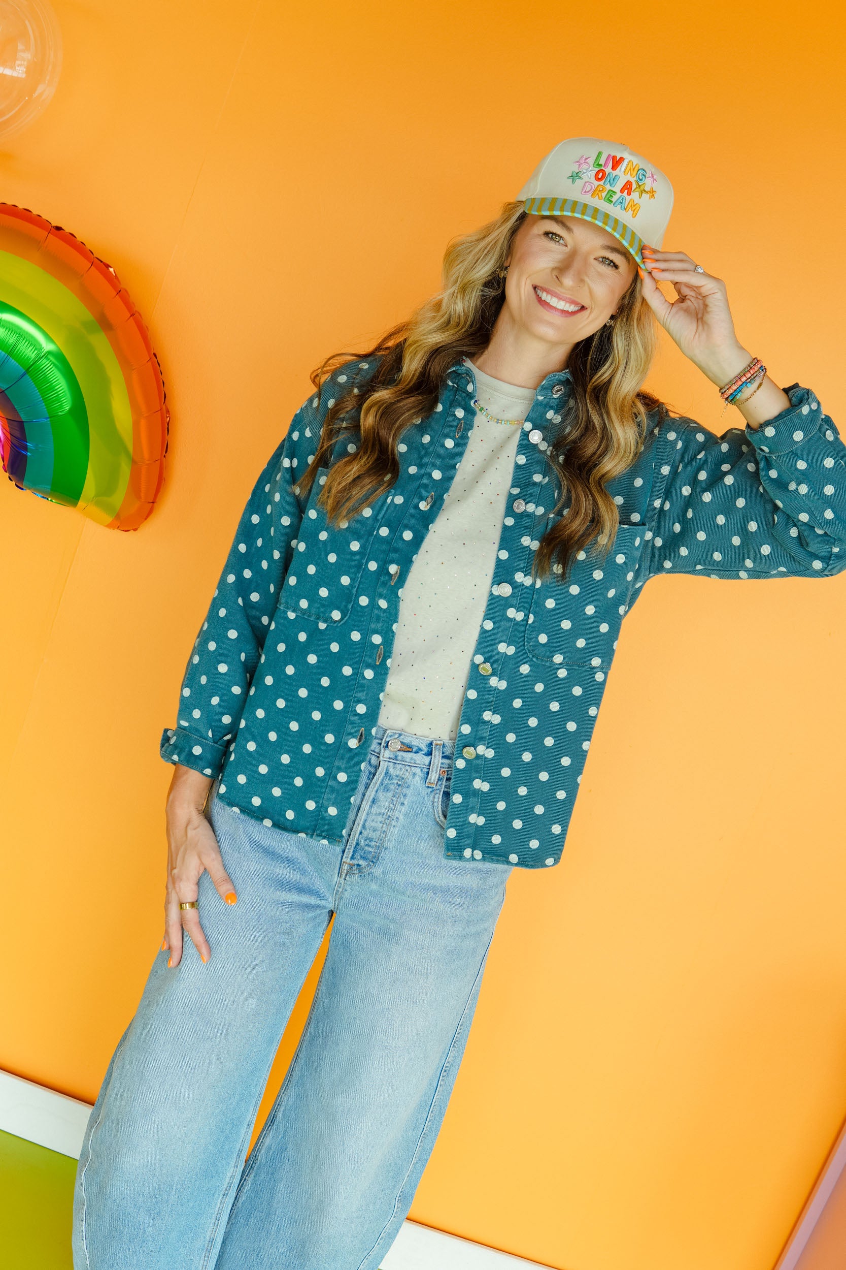 All Dotted Up Polka Dot Denim Jacket - Dusty Kingfisher