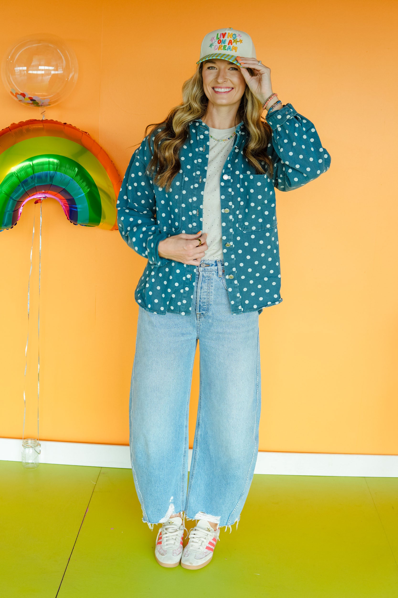 All Dotted Up Polka Dot Denim Jacket - Dusty Kingfisher