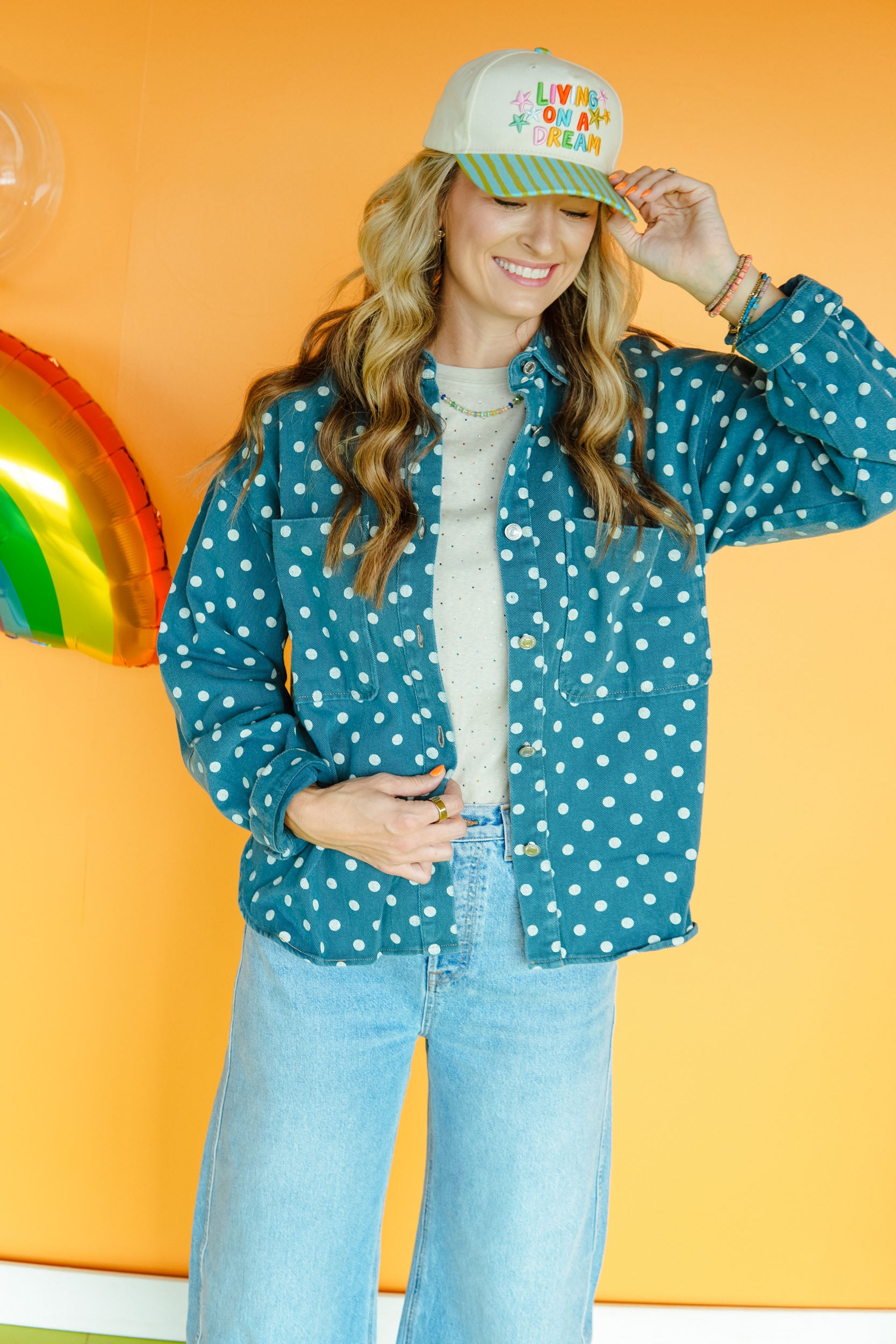 All Dotted Up Polka Dot Denim Jacket - Dusty Kingfisher