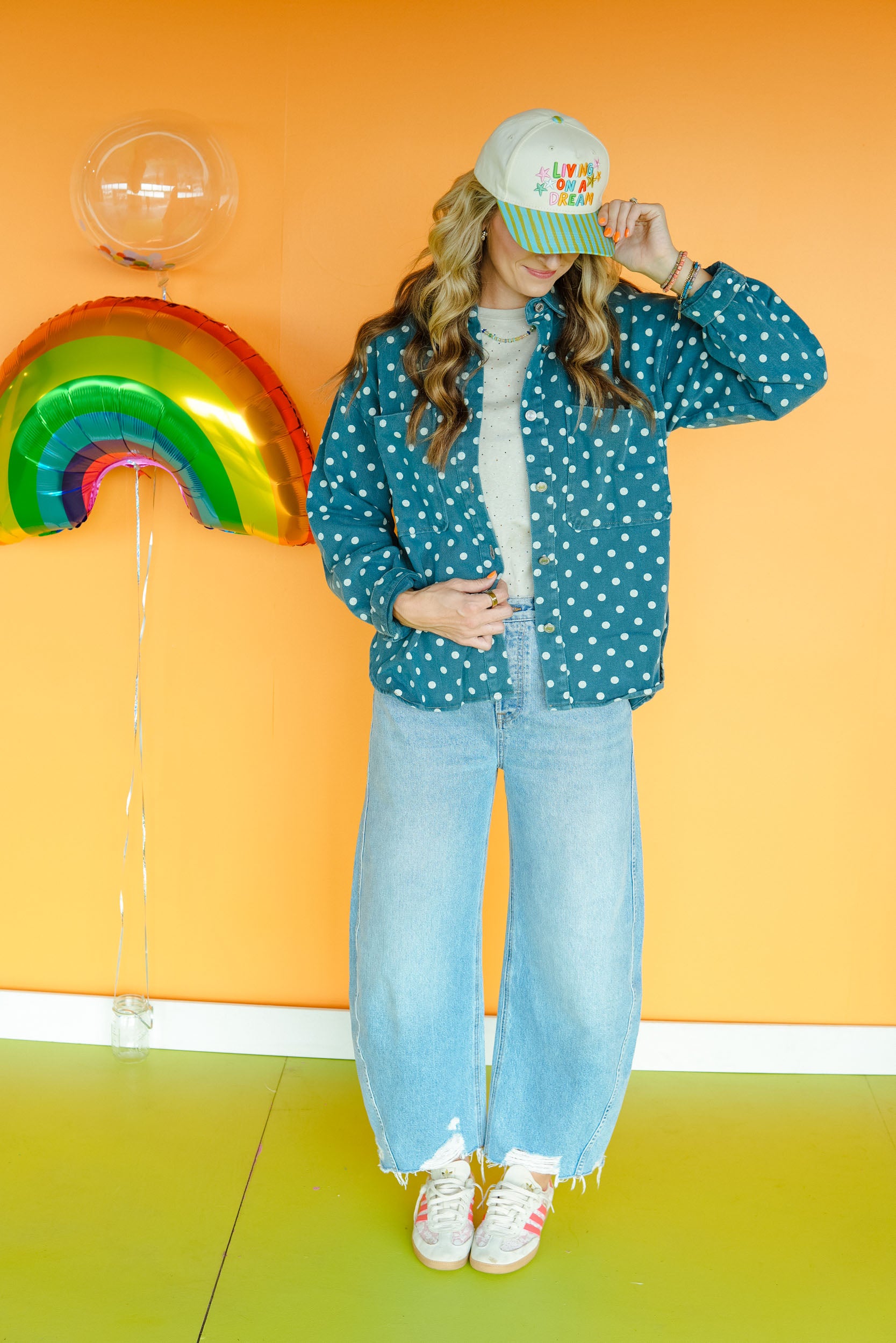 All Dotted Up Polka Dot Denim Jacket - Dusty Kingfisher