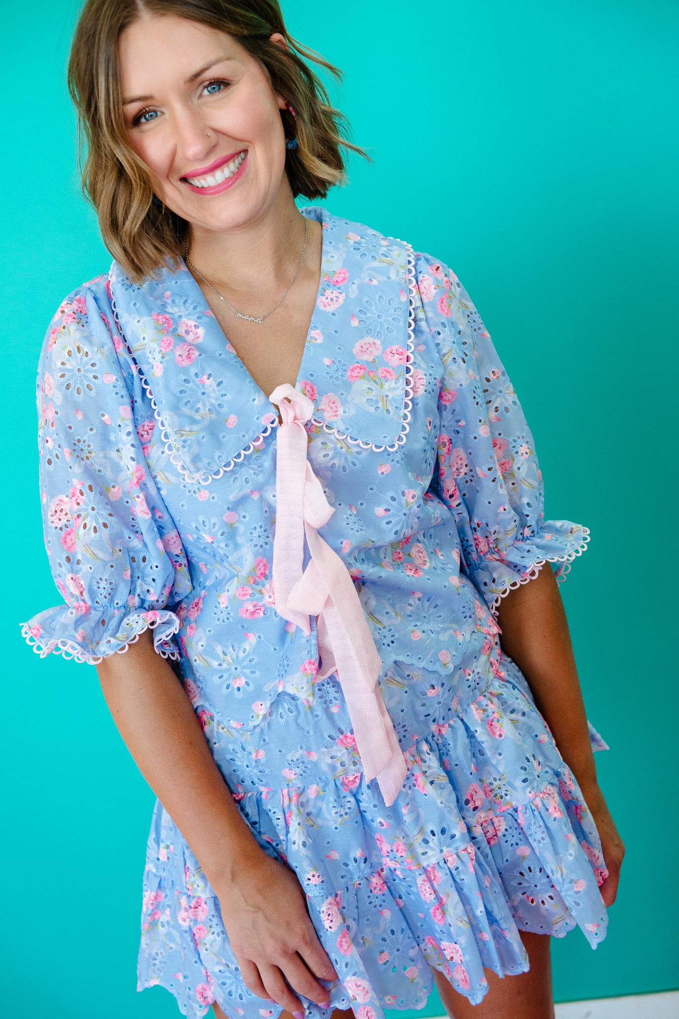 Dani Eyelet Blouse and Skirt Set - Sky Blue + Rose