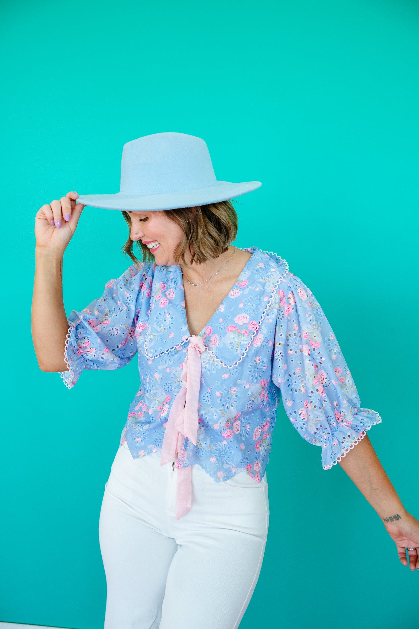 Dani Eyelet Blouse and Skirt Set - Sky Blue + Rose