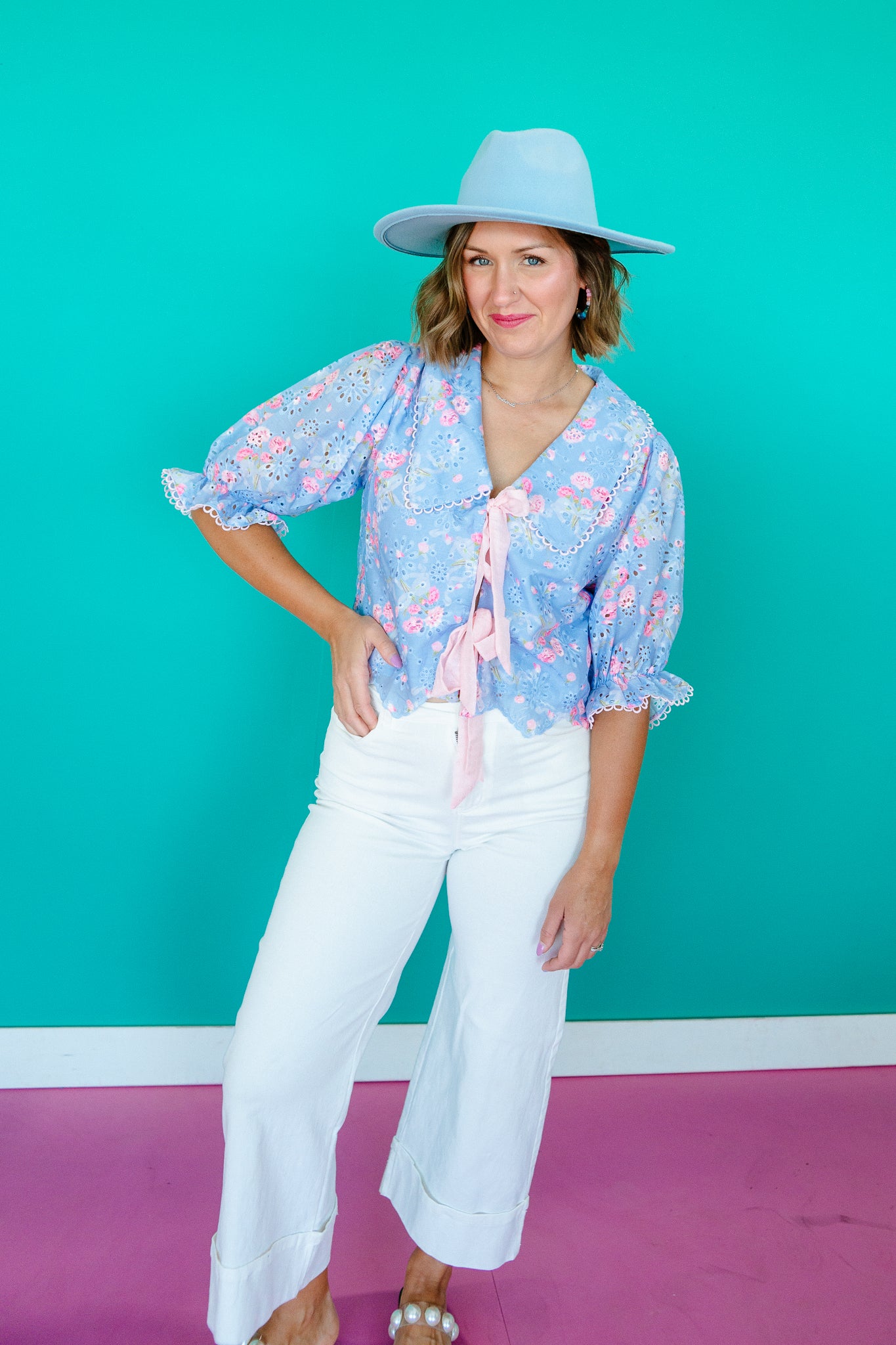 Dani Eyelet Blouse and Skirt Set - Sky Blue + Rose