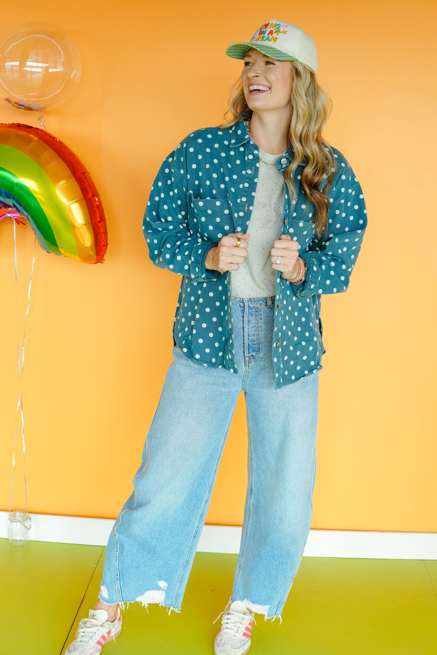 All Dotted Up Polka Dot Denim Jacket - Dusty Kingfisher