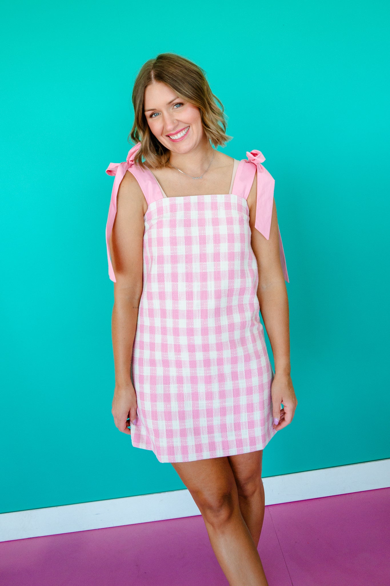 Philly Shoulder Bow Mini Dress - Clover + Soft White