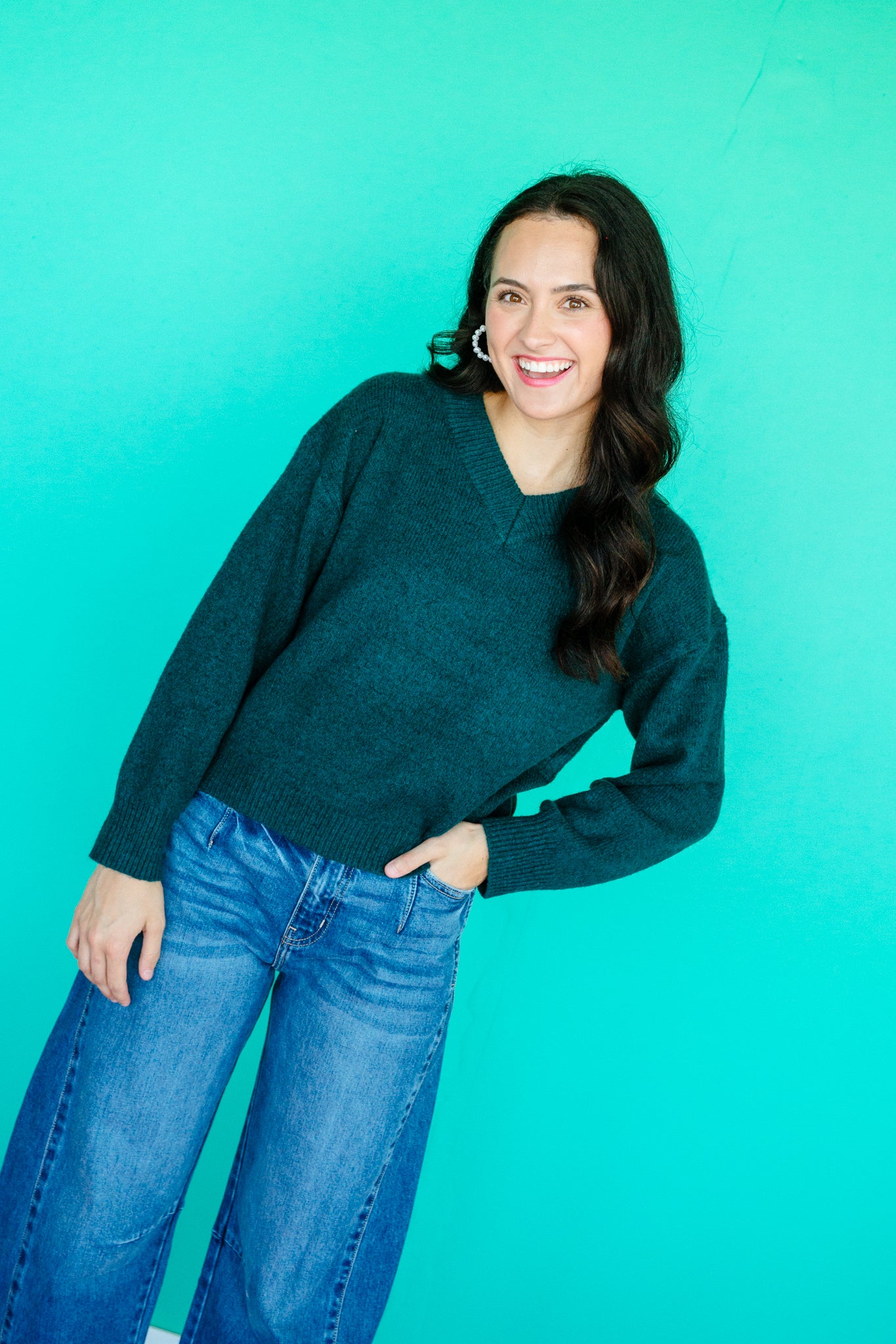 Ashleigh Brushed V-Neck Sweater - Pine Green