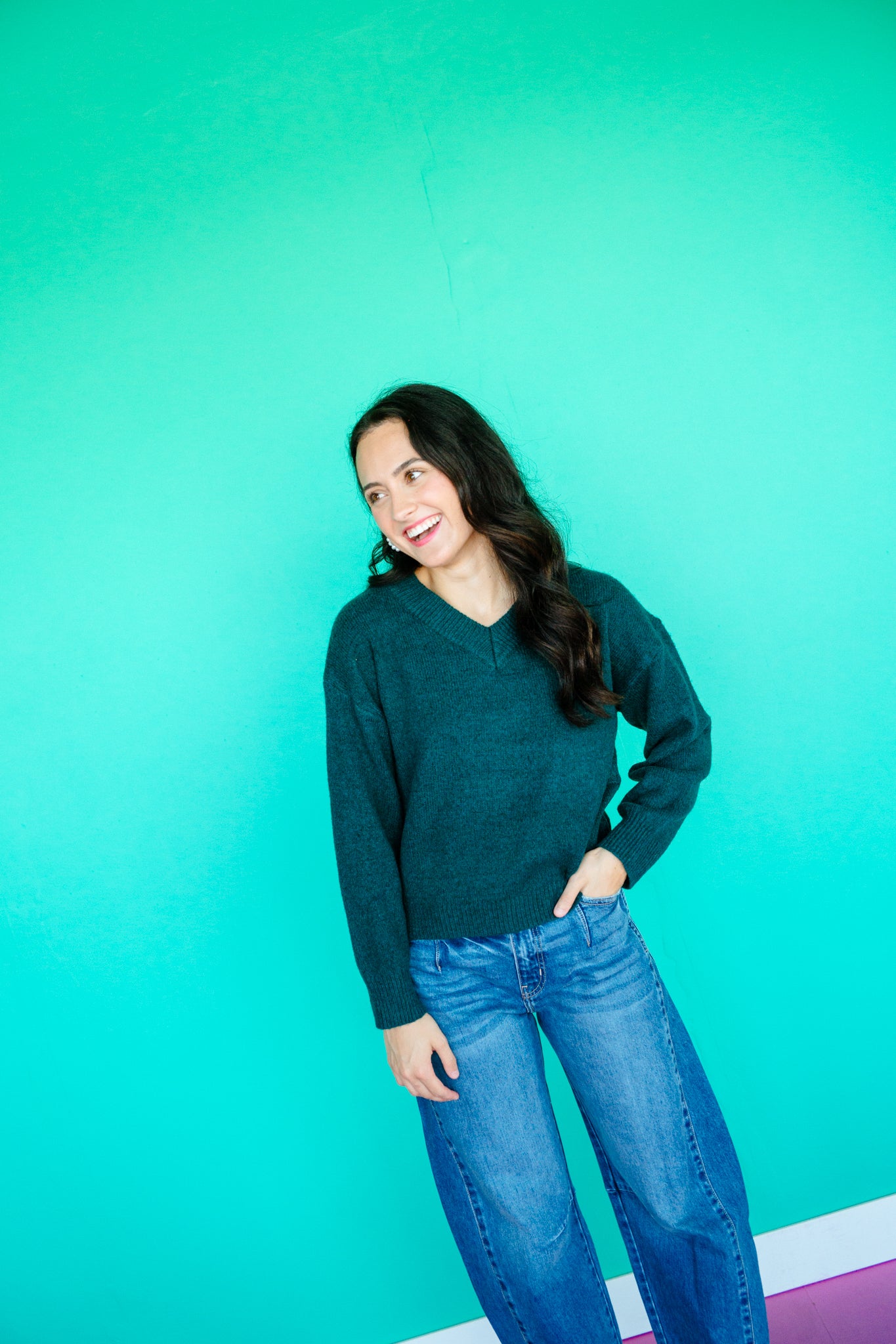 Ashleigh Brushed V-Neck Sweater - Pine Green