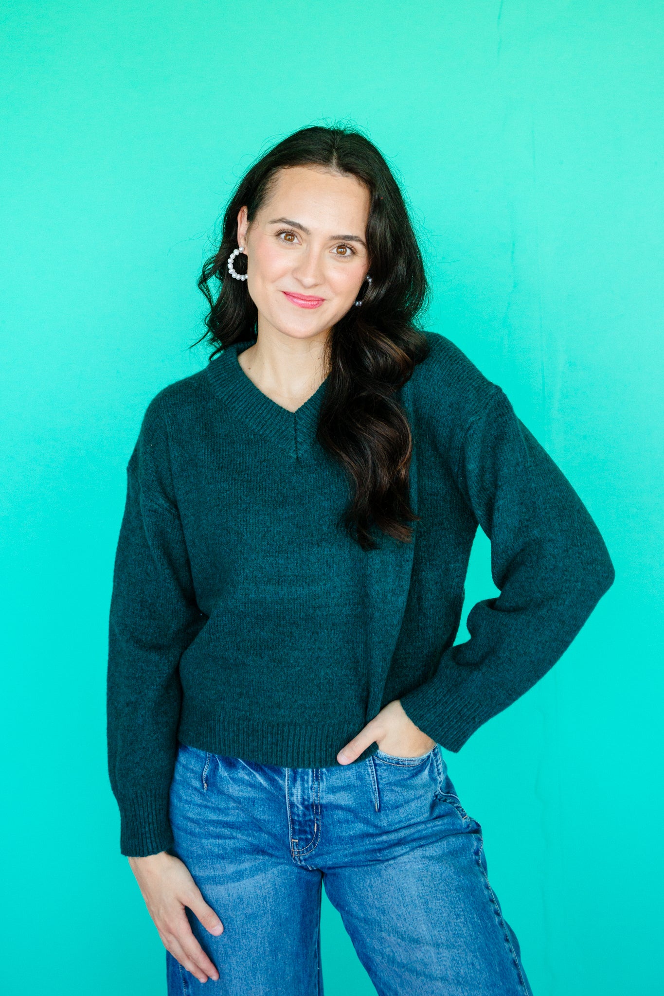 Ashleigh Brushed V-Neck Sweater - Pine Green