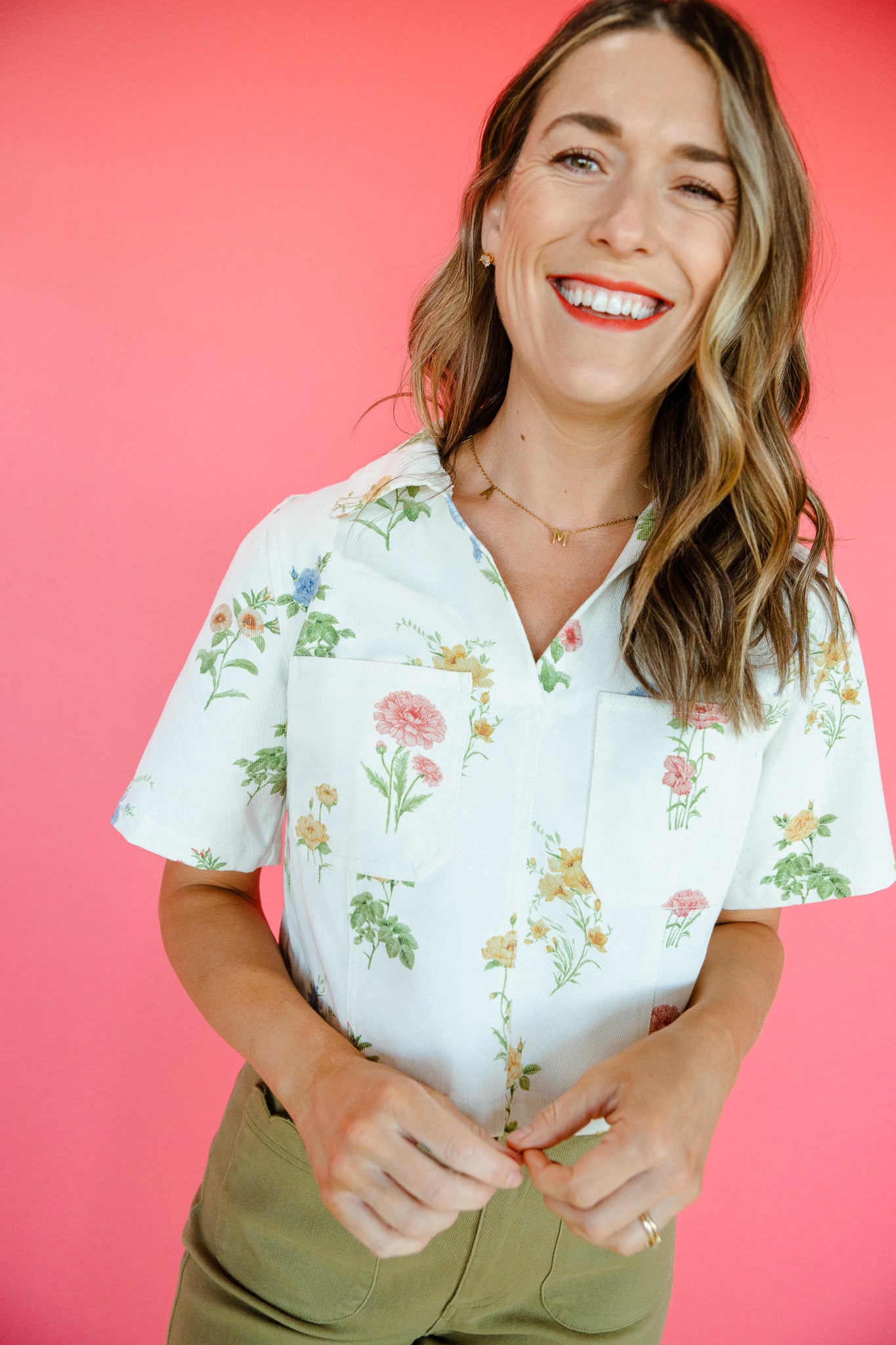 Catherine Floral Denim Top - Cream + Olive + Yellow